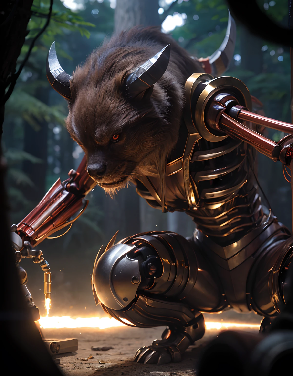 ((Fighting Demonic Beasts))、top-quality、masterpiece、超A high resolution、(Photorealsitic:1.4)、Raw photo、1人、Golden hair、glowy skin、(((1 Mechanical Girl)))、With a beautiful knife、(Blue Metal Bodysuit)、(beautiful forest background)、(Fighting Demonic Beasts)、(Small LED)、((super realistic details))、portlate、(Strong giant demon beast background),globalillumination、Shadow、octan render、8K、ultrasharp、Colossal tits、Raw skin is exposed in cleavage、metals、Details of complex ornaments、Japan details、highly intricate detail、Realistic light、CGSoation Trends、Red Eyes、radiant eyes、Facing the camera、neon details、(Mechanical limbs)、(blood vessels connected to tubes)、Mechanical vertebrae attached to the back、mechanical cervical attaching to neck、(Wires and cables connecting to the head)、Gundam、Small LED、,Mechanical thighs、Toostock、(Hands are also made of machines)、(Attack of the Monster Beasts)、(Wounded in a deadly battle)、