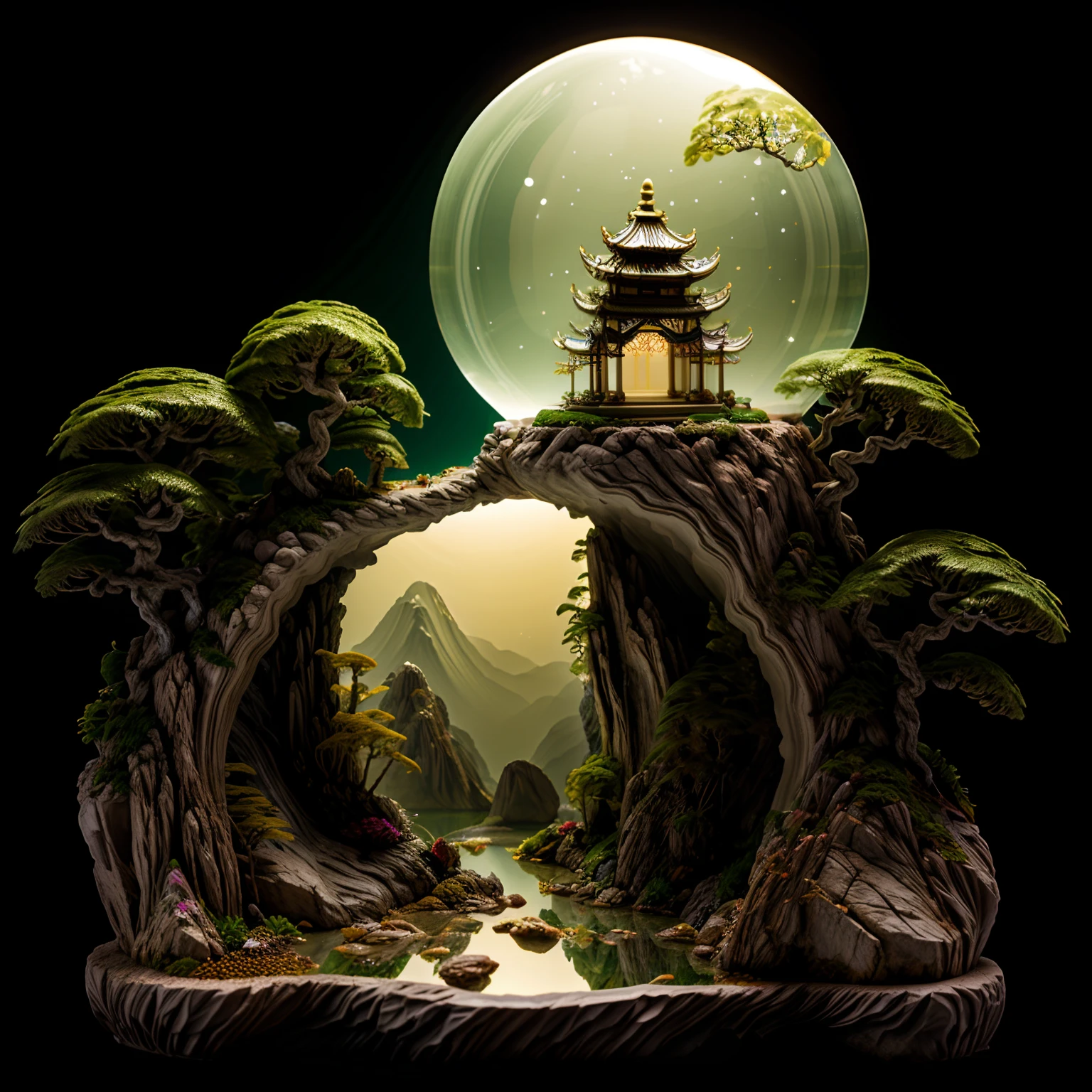 Photorealistic,a 3D render,Realistis,Miniature,Bonsai in a box，Palace on the moon，
Golden,Golden decoration,Circular ring LED flexible rope light,fluorescent light,Floating,Inner glow,Glowing,Emerald and gemstone texture,(((jin shan))),(waters),Golden Pavilion,A plant,Jadeite and jadeite jewelry,Pure pearls,
(Golden auspicious clouds:1.1),Towering trees,Strip light,Mountain road,Strip light,Backlight,transparent acrylic,edgBunny:1.2