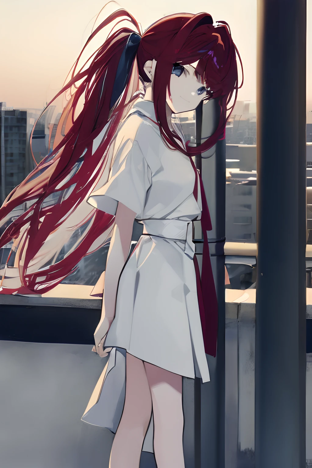 1girl, young girl, masterpiece, high quality, red hair, bangs, blue eyes, ponytail, (long hair), (straight hair), ((on the rooftop of building)), high roof, wearing a patient gown, ((standing against the railing)), ((standing with open arms widely)), ((detail face)), (smiling)