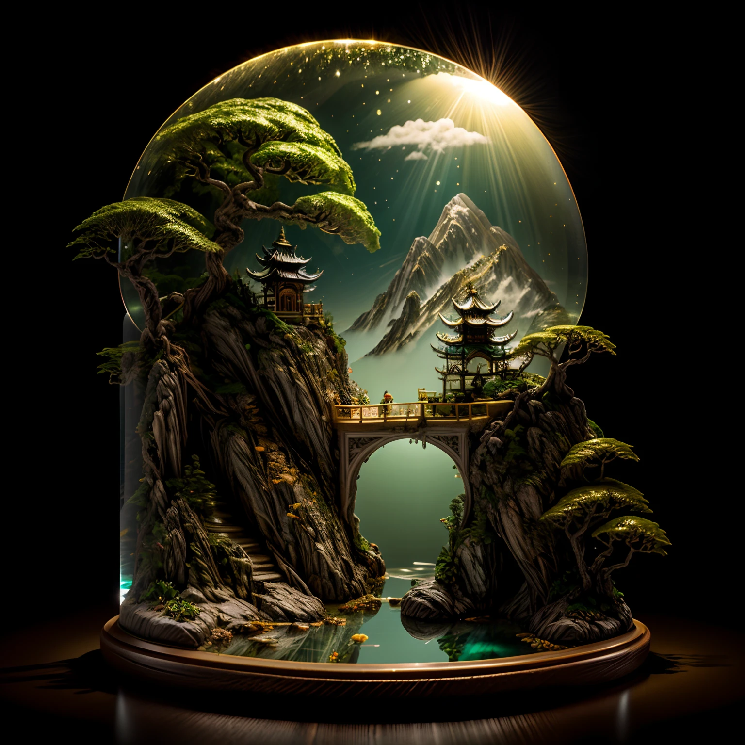 Photorealistic,a 3D render,Realistis,Miniature,Bonsai in a box，Palace on the moon，
Golden,Golden decoration,Circular ring LED flexible rope light,fluorescent light,Floating,Inner glow,Glowing,Emerald and gemstone texture,(((jin shan))),(waters),Golden Pavilion,A plant,Jadeite and jadeite jewelry,Pure pearls,
(Golden auspicious clouds:1.1),Towering trees,Strip light,Mountain road,Strip light,Backlight,transparent acrylic,edgBunny:1.2