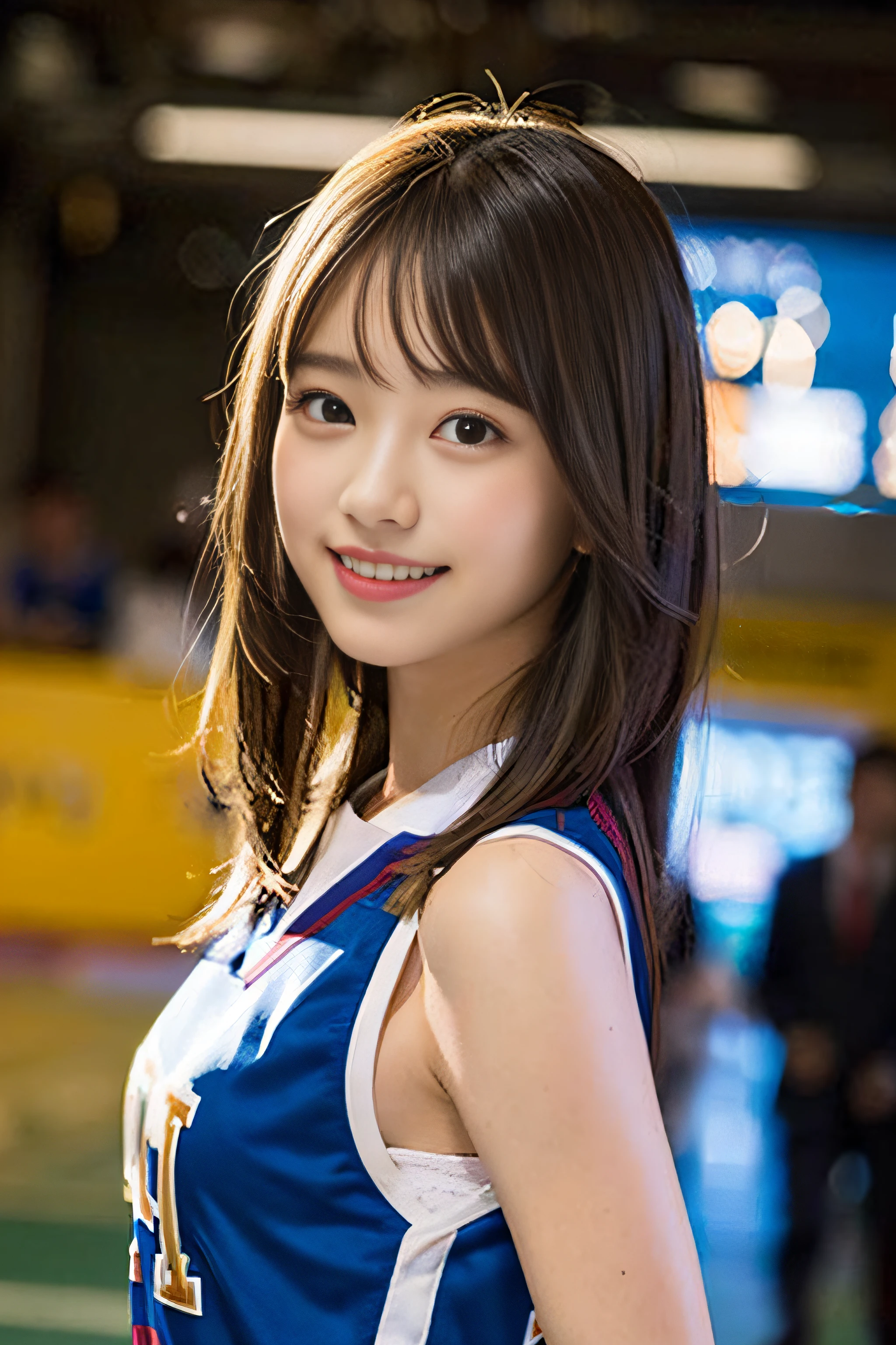 (8K、Raw photography、top-quality、masterpiece:1.2)、(realisitic、Photorealsitic:1.37)、ultra-detailliert、超A high resolution、女の子1人、see the beholder、beautifull detailed face、A smile、Constriction、(Slim waist) :1.3)、Beautiful detailed skin、Skin Texture、Floating hair、Professional Lighting、Whole human body、Longhaire、a blond、Basketball Uniforms、hi-school girl、basketball Venues、Bob Hair、Happy smile、15yo student、Tight uniform、sleeveless、E Cup Breast