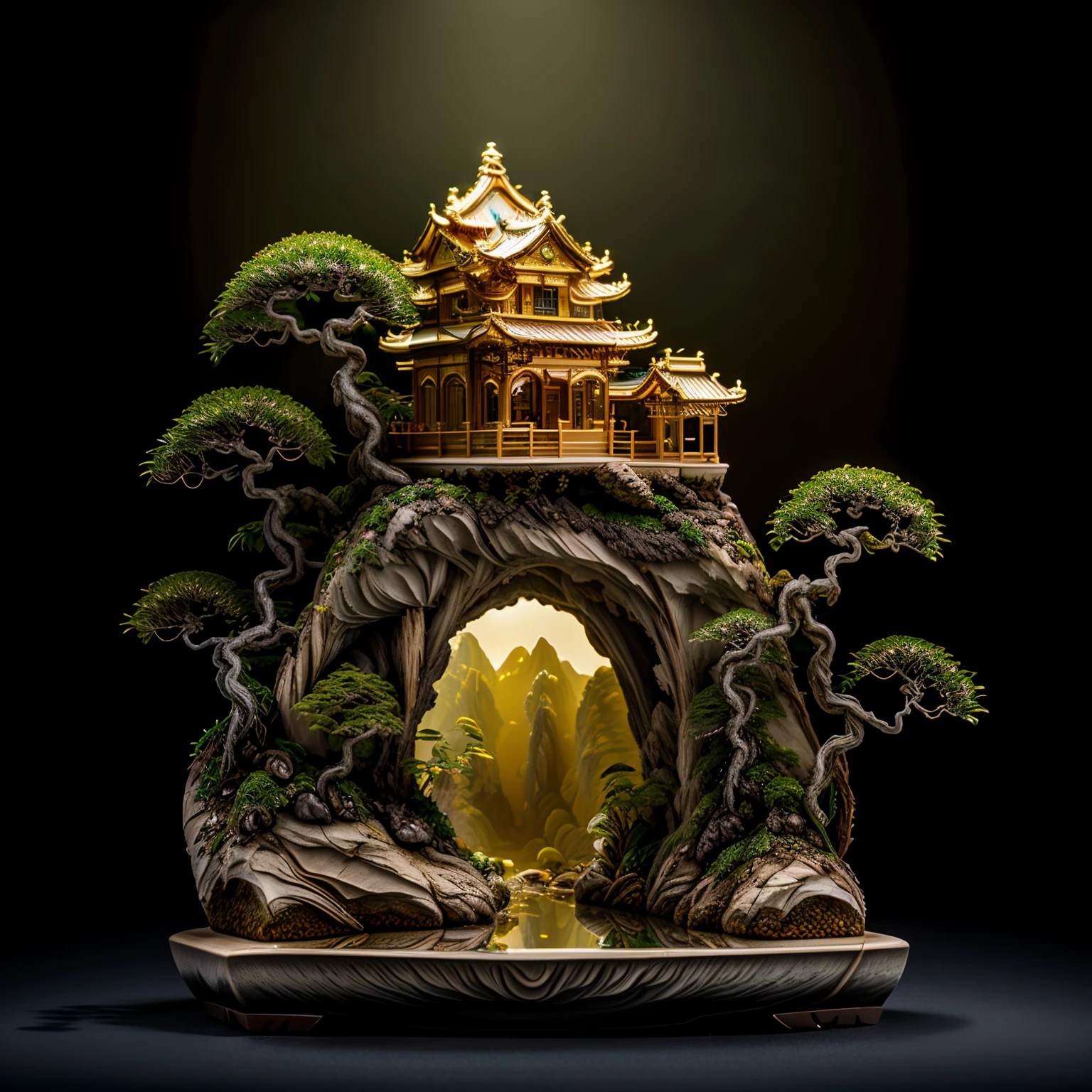 photorealistic,realive,miniature,nature,no humans,golden bonsai,,golden independent building,golden plant,jade and gem,(golden mountain),(waters),(auspicious clouds:1.1),,fluorescent light,glow,glowing,light strip,backlight,Transparent acrylic rabbit:1.2