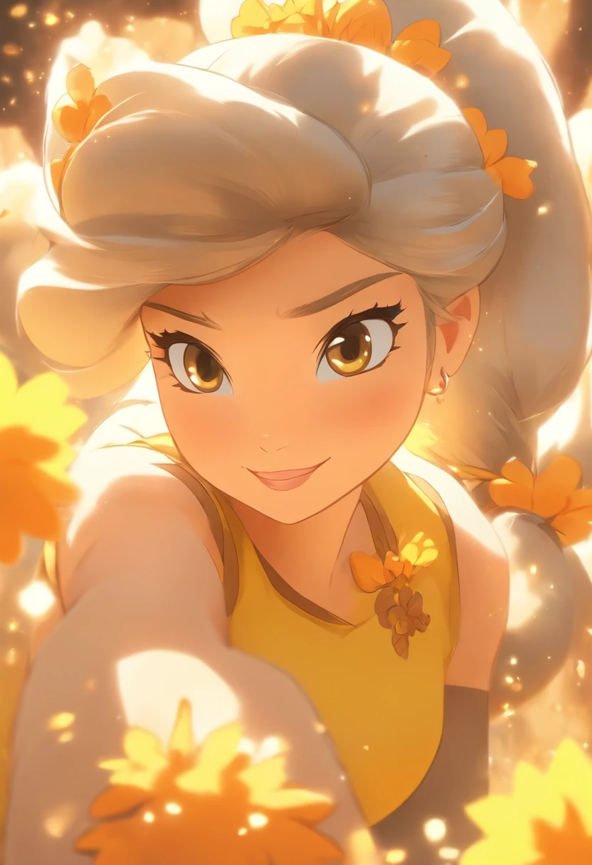 Disney Princess who is a Felpurr cat, silver twin-tails, light-tan fur and ears, wearing a yellow shirt with orange flowers and a brown vest and dark brown shorts, Masterpiece, Best Quality
