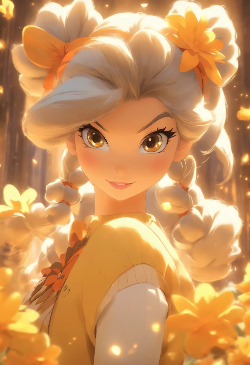 Disney Princess who is a Felpurr cat, silver twin-tails, light-tan fur and ears, wearing a yellow shirt with orange flowers and a brown vest and dark brown shorts, Masterpiece, Best Quality