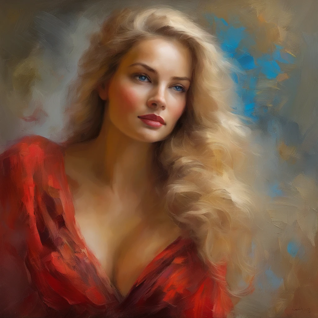 painting of a woman in a red dress, long blond hair, blue eyes, eyes looking at us, elegant digital painting, digital art oil painting, gorgeous digital painting, beautiful portrait oil painting, oil digital painting, in a oil painting style, heavy brush strokes in textured paint, beautiful digital painting, digital oil painting, sultry digital painting, stunning digital painting, in style of kyrill kotashev, epic background, beautiful fine art character painting.