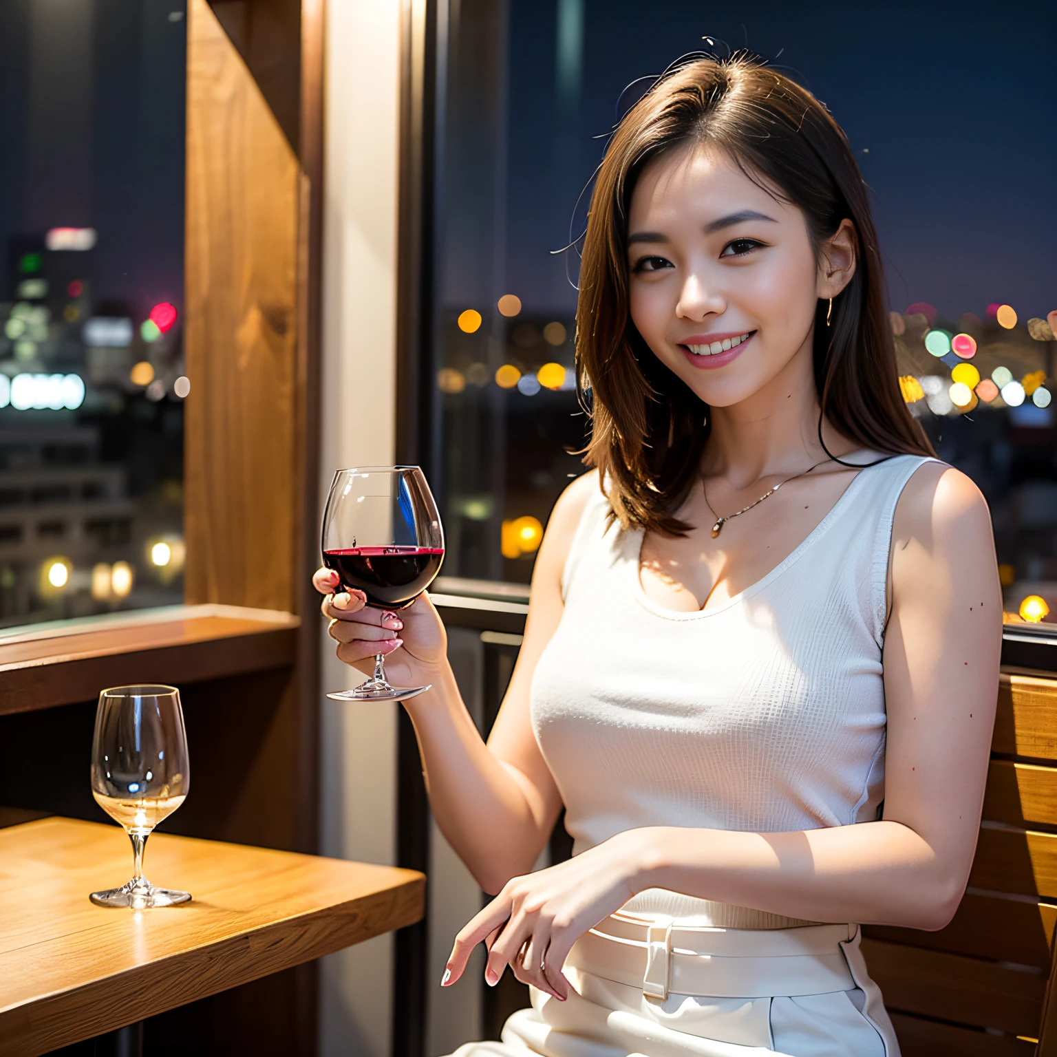 (64K, UHD, top quality, masterpiece: 1.2), (realistic, photorealistic: 1.37), super detailed, pretty woman 1 person, (slim face), (slim body), (brown hair), (short cut), cheeks slightly blushing, (44 years old), 38 years old, solo, beautiful detailed urban night view outside the window, restaurant, wine glasses sit, at night, in a prominent placeNovaFrogStyle, Actress, Model, Waist Up, White Wine, Slim, Wine Glass, Super Clean Night View, Wine Glass Put in the Middle, Happy Smile, (Smile: 1.15), Beautiful Fine Eyes, Upper Body, Bust Japan Up, Night, Short, Short, Actress, Model, Waist Up, White Wine, Slim, Wine Glass, Super Clean Night View, Wine Glass Put in the Middle, Happy Smile,