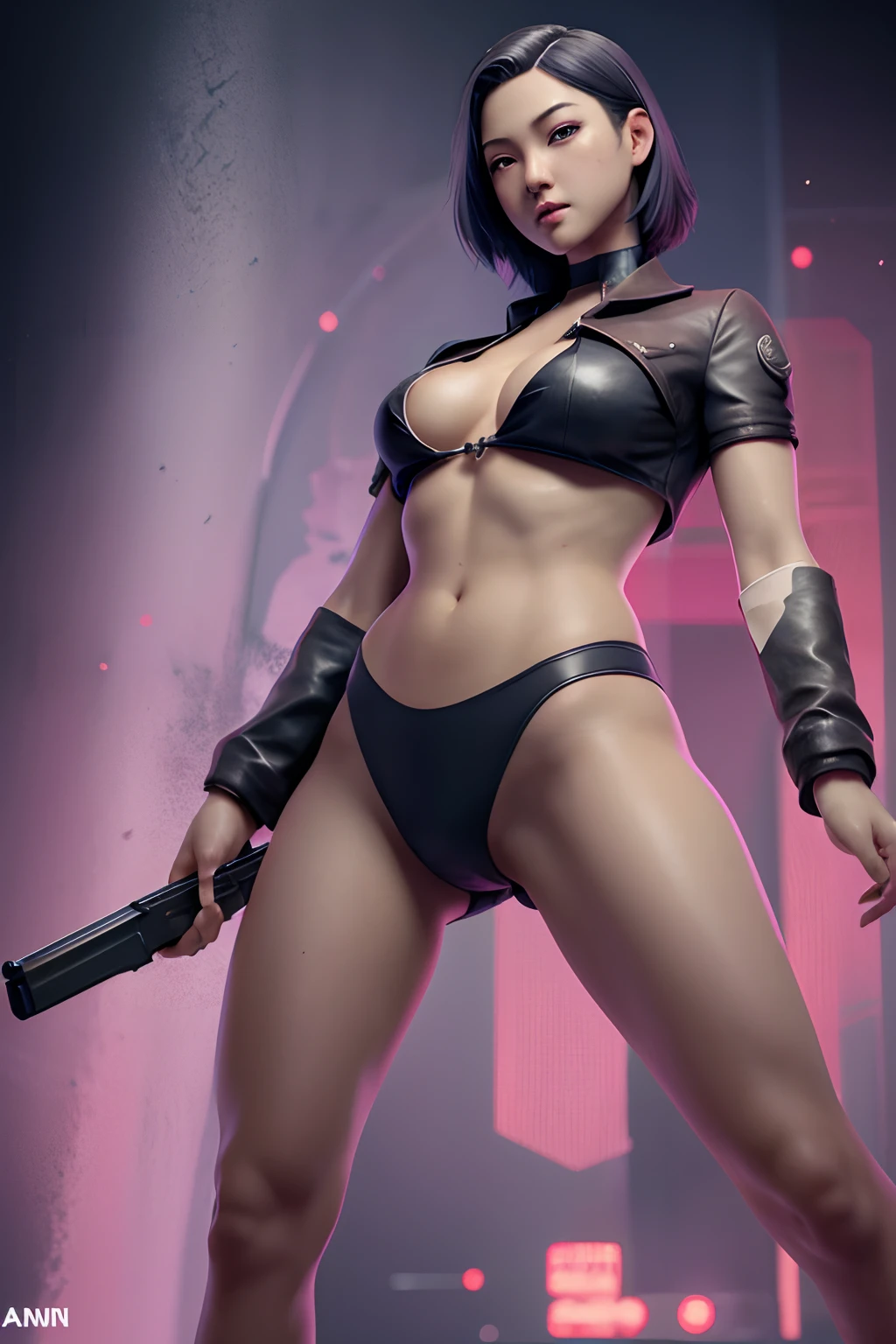 art by katsuya terada, art by range murata, art by akiman, art by JUNNY, Full body shot portrait of cute slender Young Japanese hit girl, Battle Scars, Realistic skin texture, Few moderate moles, wearing a suit, hold a gun, Red Circle nightclub in San Diego, Red and blue cinematic lighting, highly detailed, ray tracing, digital painting, concept art, smooth, sharp focus, illustration, 8k