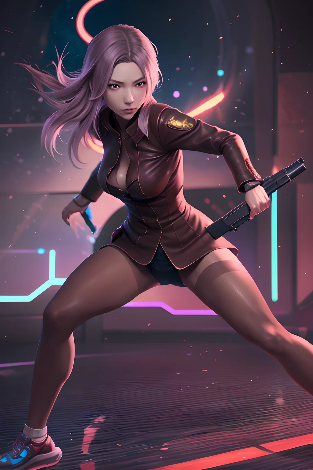art by katsuya terada, art by range murata, art by akiman, art by JUNNY, Full body shot portrait of cute slender Young Japanese hit girl, Battle Scars, Realistic skin texture, Few moderate moles, wearing a suit, hold a gun, Red Circle nightclub in San Diego, Red and blue cinematic lighting, highly detailed, ray tracing, digital painting, concept art, smooth, sharp focus, illustration, 8k