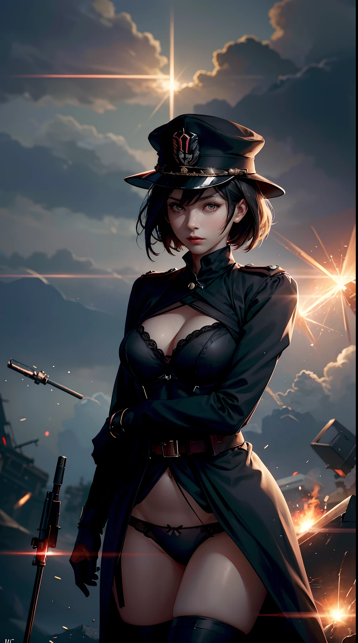 Woman short hair holding stick, general black panties ww2. General black ww2 bra, general ww2 black hats, elegant. tanks and soldiers in the background,red blood element,hd light and dark, balance rendering, HD lighting and dark )<=(epic image quality)dark atmosphere with bright particle light(many effects in background)