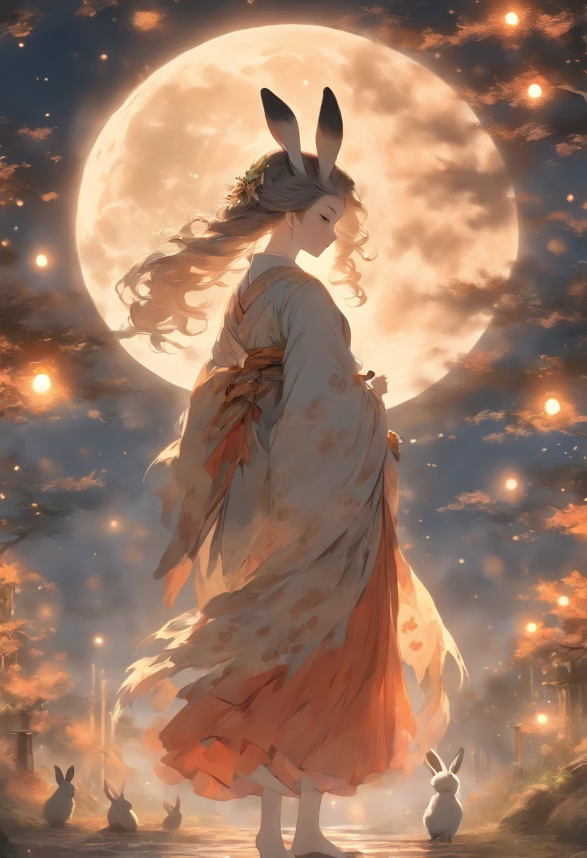 a woman standing in front of a moon with a rabbit, in the style of northern and southern dynasties, soft and dreamy atmosphere, 32k uhd, traditional portraiture, kawacy