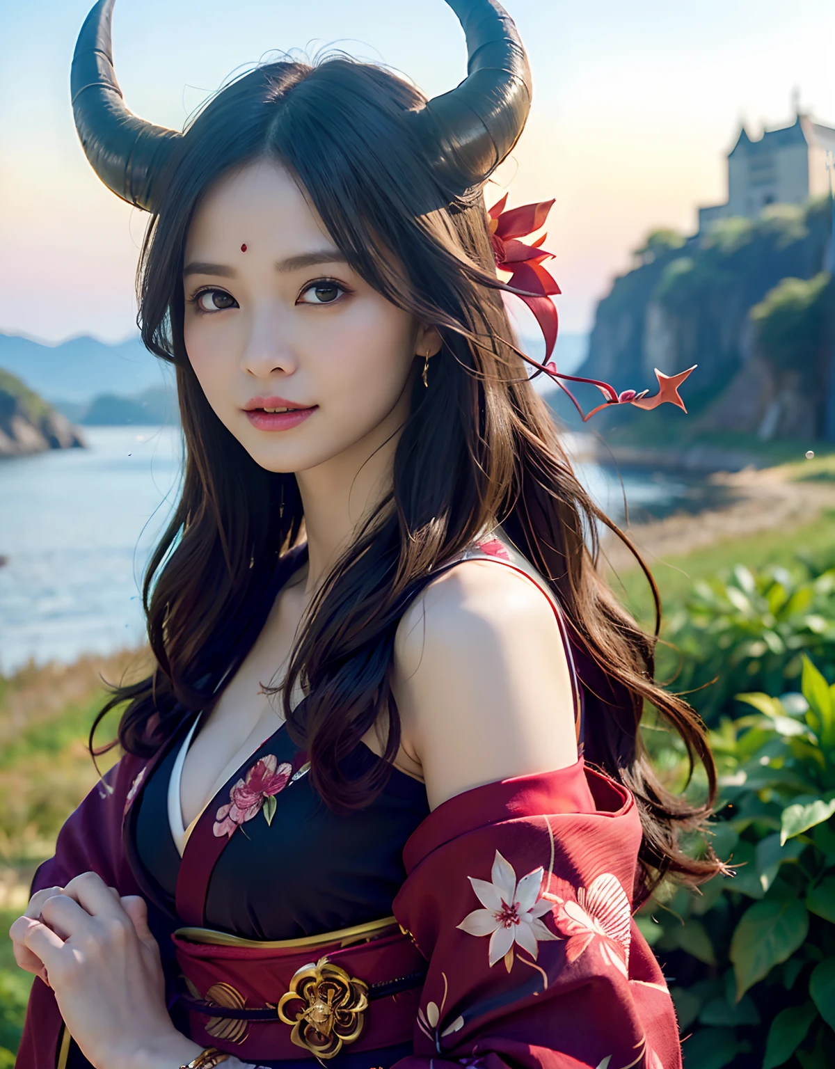 (((masutepiece,))),Professional , ​masterpiece、top-quality、photos realistic , depth of fields 、Raw photo、女の子1a person、glowy skin、（sexypose）、(Black maple on the background of full bloom),（Ultimate Beauty）、A dark-haired、Mystical expression、ultrasharp、（shrine background)、（Kimono with beautiful pattern）、（Midnight background）、Beautiful hair ornament on the head、,(intense fighting）,（（Precipitous cliffs））,(Wear a beautiful kimono),（Wear a colorful and beautiful kimono）、cleavage of the breast、（Japan Castle Background）、Jewel Gold Weapon、Particles of light),(intense fighting）、Gorgeous gold weapons ,Castle background、（（ Gorgeous Dragon Sword）） , （a dark night）,,（maikurobikini） 、（（Black Haired Beautiful Girl））、（Castle background）、（demonic wings）、（（Gangle's forest background））、Beautiful Caucasian beauty、１a person、dynamic ungle,(((Two devil's horns on the head)))、Smaller head、Idle Smile、Thin and beautiful female hands、Mystical expression、Light Effects、intense fighting、Wind-effect、magic circles、With the legendary magic wand、Dragon's tail、Anatomically correct fingers、Full Body Angle、Anatomically correct number of fingers、