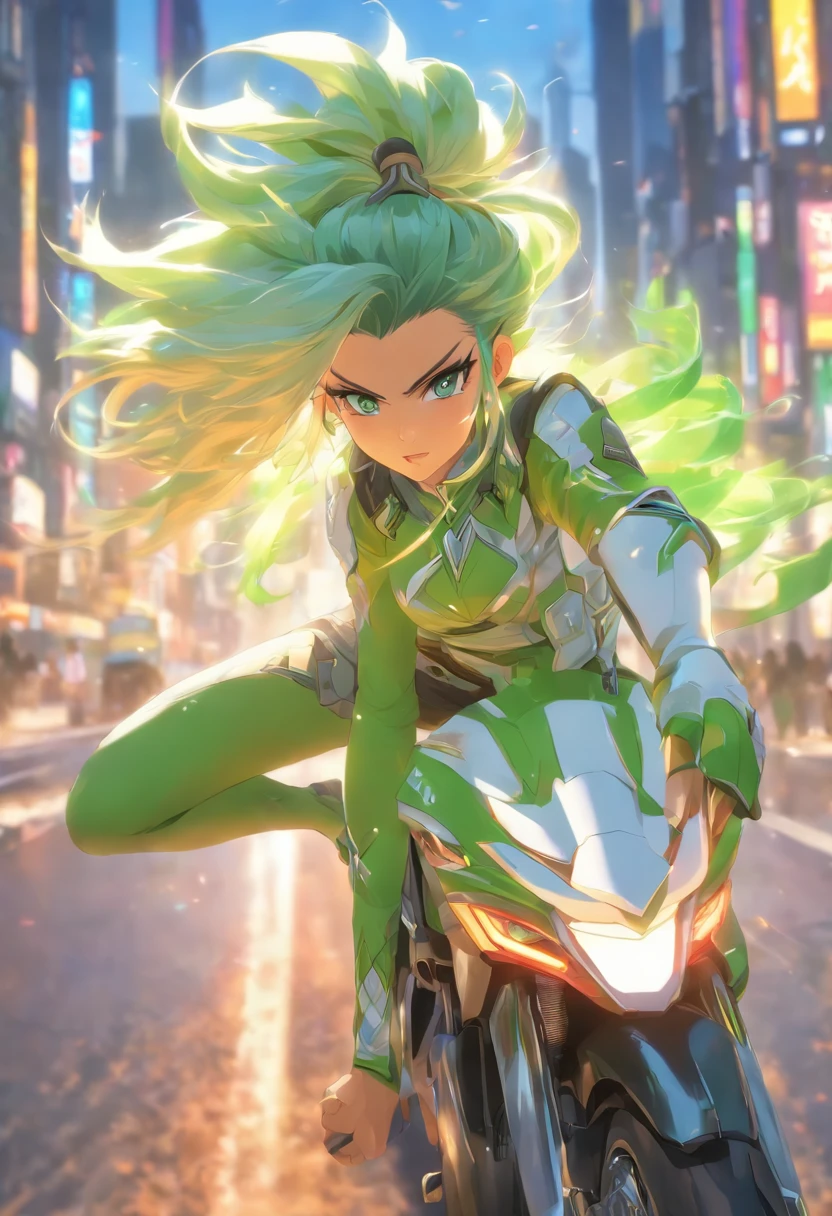 masterpiece , best quality,nahida(genshin impact) ride super modern motorcycle, small breast,long hair ,side ponytail, hair ornament , white hair , green hair , hand behind head:1.5,multicolored hair, elf , pointy ears , school uniform , skirt ,cardigan,road , street,looking at the viewers