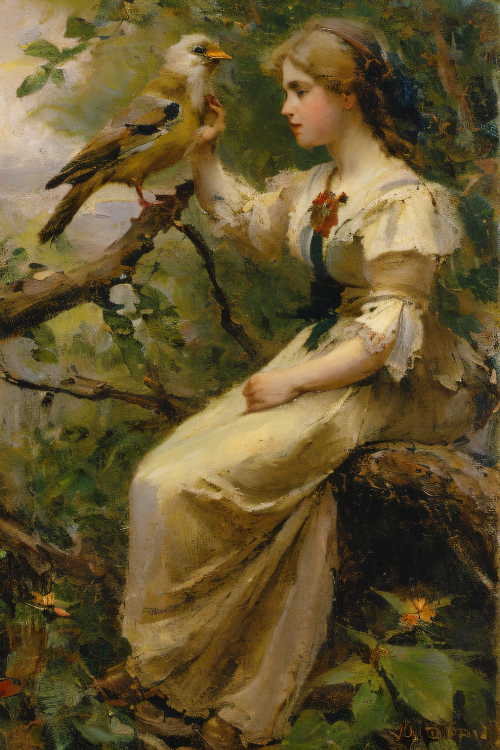 Bird on a branch,Charles Sillem Lidderdale,Based on Sophie Jumbre Anderson,Julius LeBron Stewart Joseph Noel Paton, Charles Joshua Chaplin,Sophie Genbre Anderson,Inspired by Julius LeBron Stewart,Victorian painting
