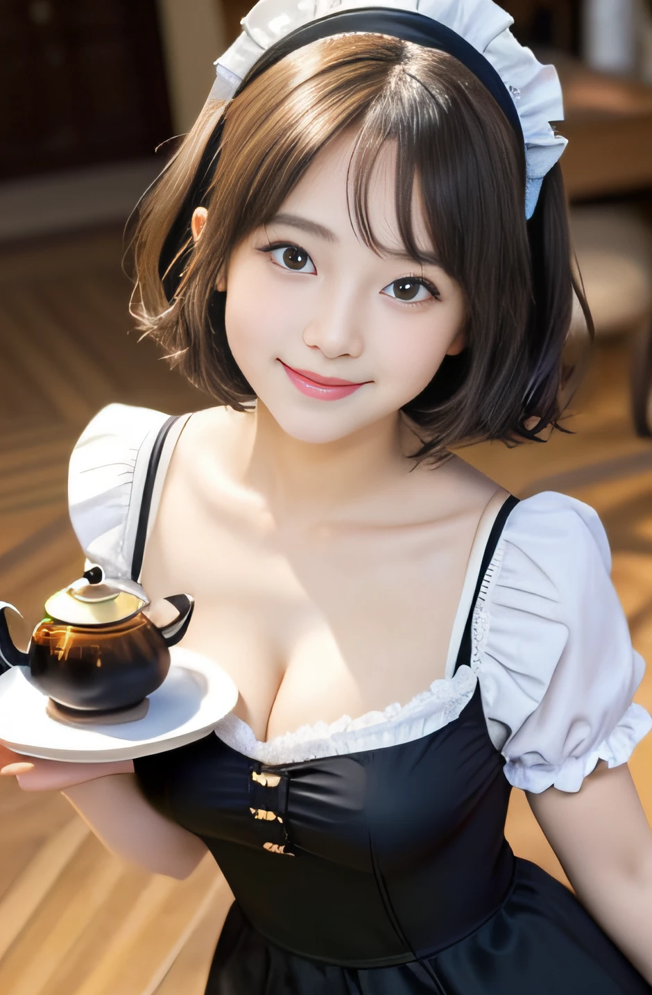 1girl in,18 years old,(cleavage of the breast:1.2), Beautiful eyes,Smile, Japanese Idol, extremely pretty, Cute, Perfect face, A charming smile, seducting smile, Happy smile, large round eyes, Gentle expression, (Transporting Western-style teapots on Western-style trays:1.3), Looking at the viewer, 1girl in, masutepiece,Realistic, White panties,round big eyes, Shiny skin,small nostrils,Light makeup, (French traditional black maid costume:1.2),Maid headdress,Short hair,sox, Shallow depth of field,