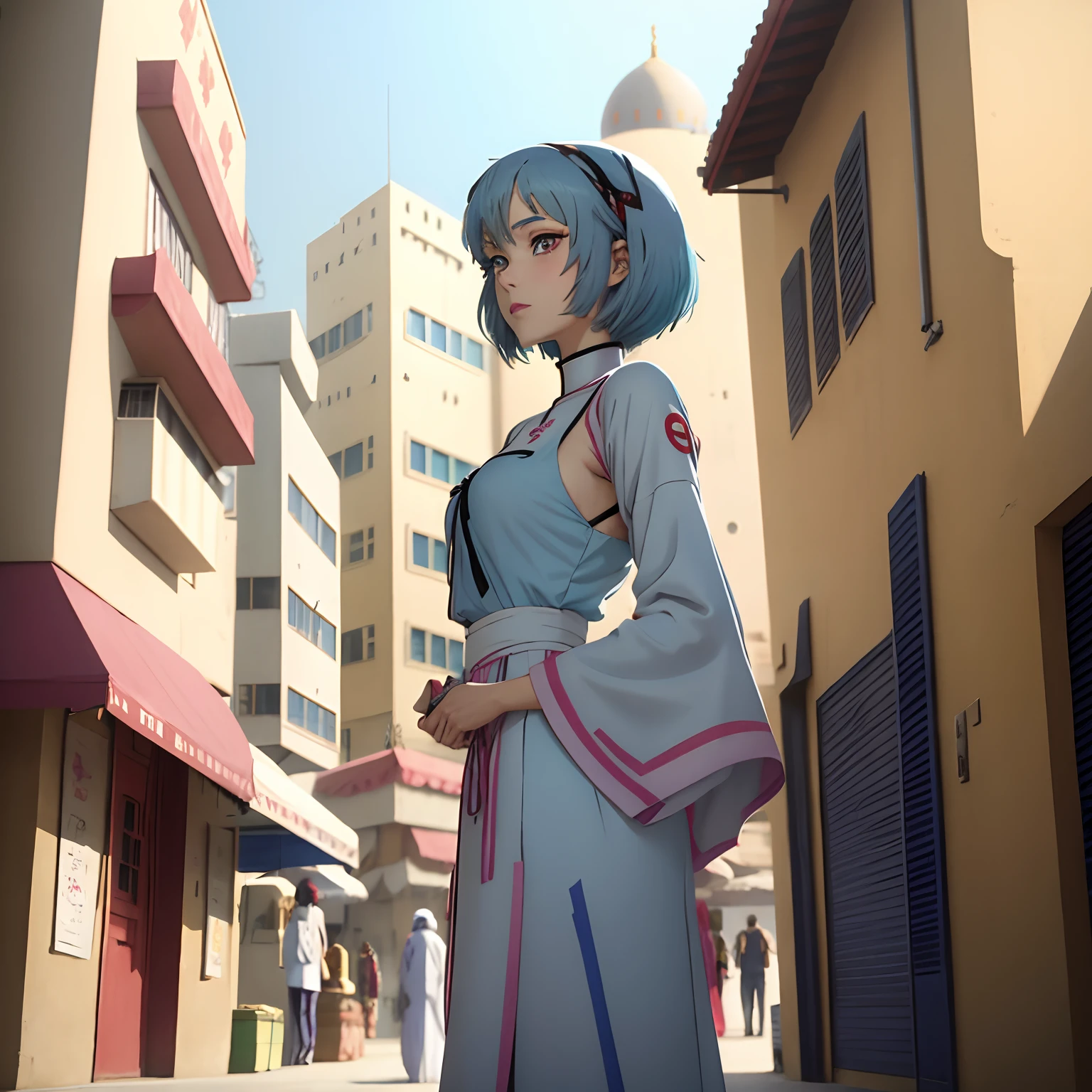 Rei Ayanami from Evangelion wearing arabian clothes. Daylight, colorful buildings. Blue hair. Bright Red eyes color. Buying fruits.