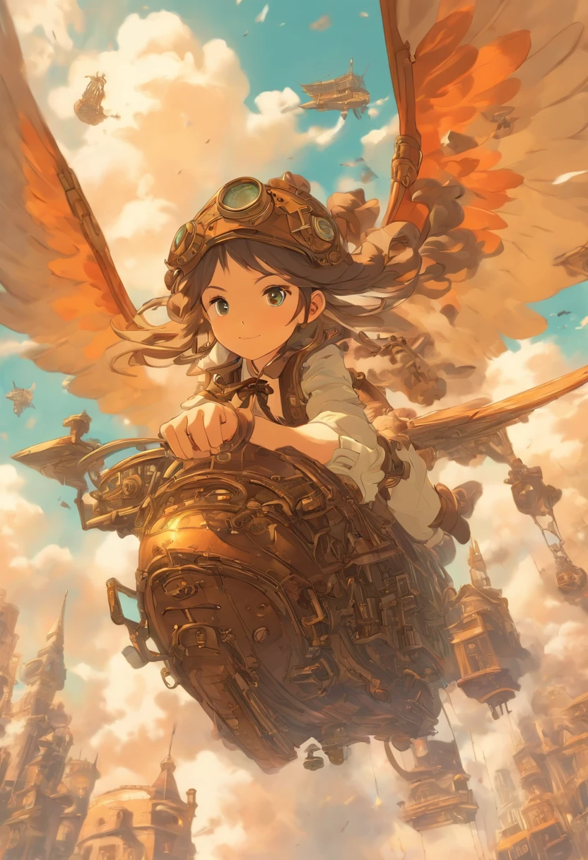 Chinese Ink Style,Steampunk world,Girl piloting steampunk flying machine,giant mechanical wings,Suspended in the air of the city,Thick clouds,Ink Animation Art,Ink Cartoon Art,water ink,inky,Smudge,8K,are delicately depicted,Works of masters,