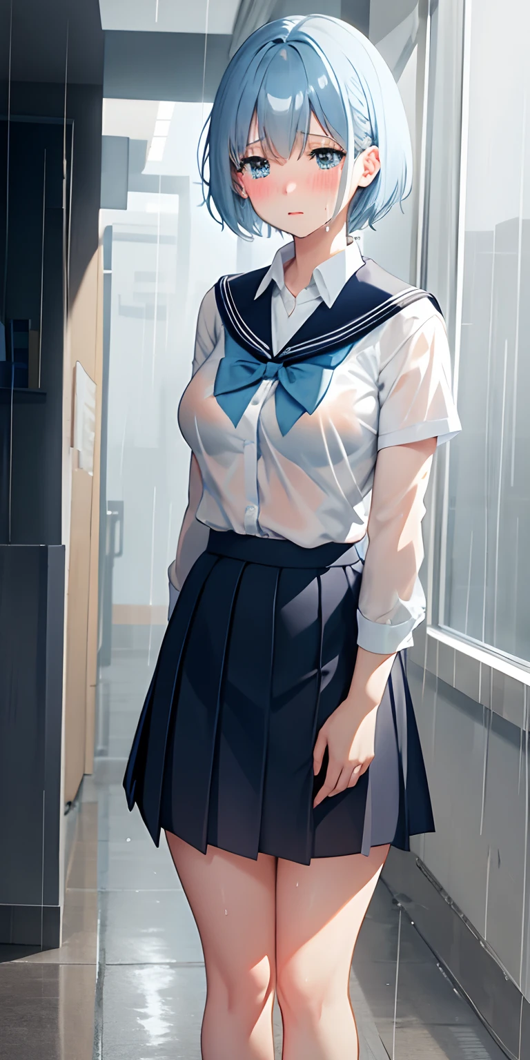 1girl, short hair, light blue hair, school uniform, skirt,  crying much, sad,  blush, looking down, rain, wet, ?????, bra, wallpaper, sidelighting,