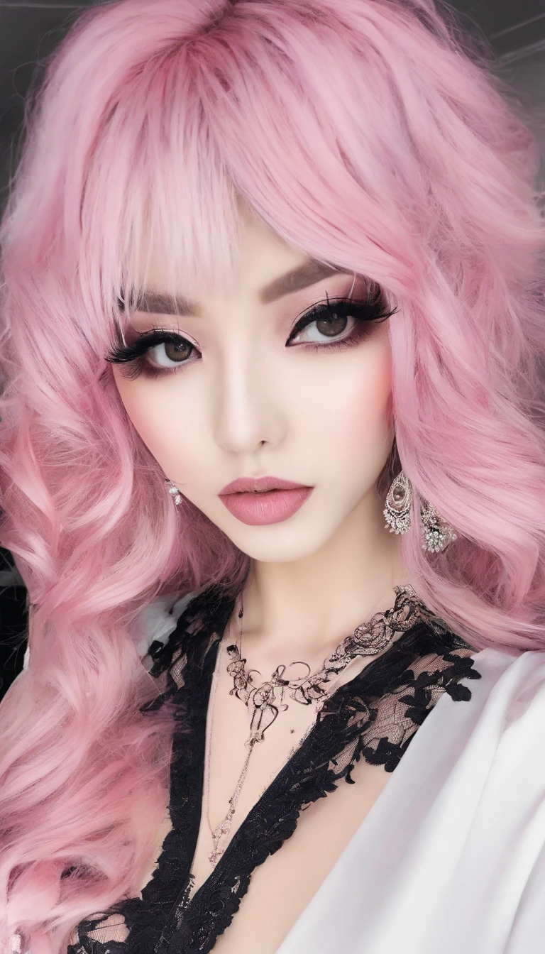 beautiful Korean girl，long pink hair，tattooed，full bodyesbian，Wearing a collar，Wearing a black lace bra，Wear black lace panties.，Wear stiletto heels，Wearing black pantyhose，Bad Girl，perfect faces，Wear light makeup，Wearing a ruby ring，Cool and funky style，On the dance floor，Ultra photo realsisim，8K, Mechanics, sexy, Sex Appeal