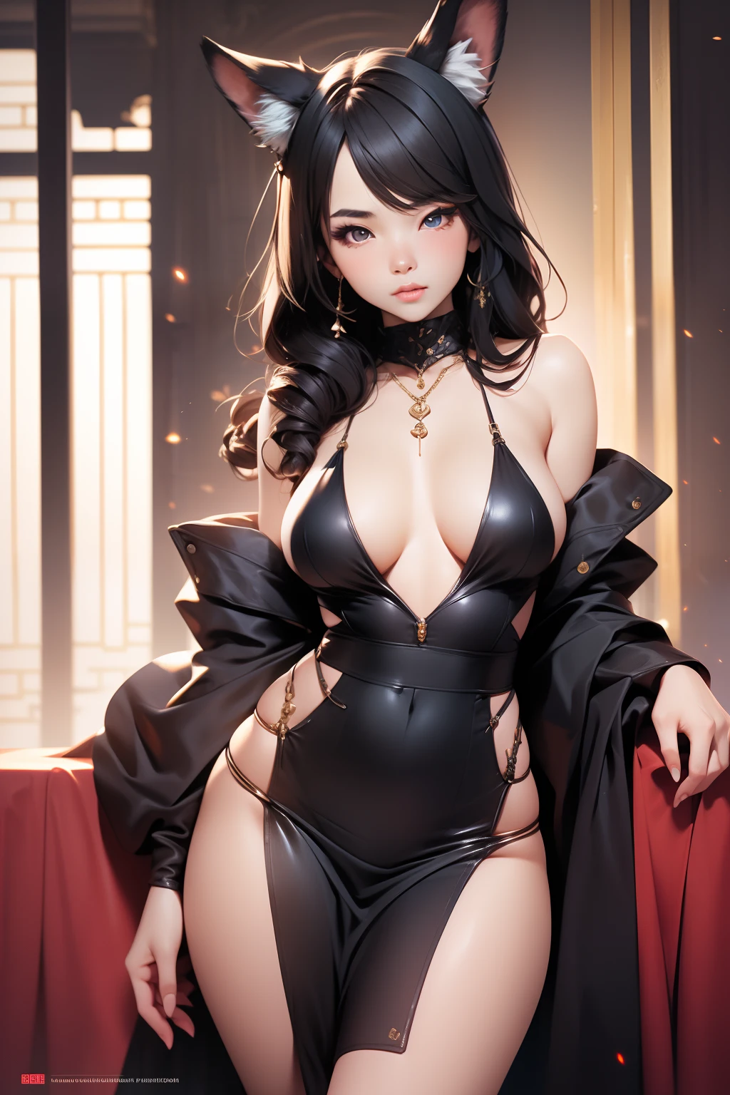 (masterpiece), (best quality), 8k resolution, 1girl, Asian girl, stunning beauty, perfect face, perfect body, mature female, 20yo, fox ears, revealing dress, silk dress, prom