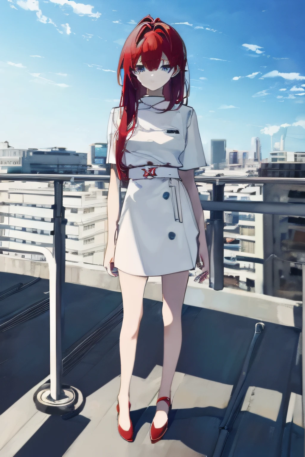 1girl, young girl, masterpiece, high quality, red hair, bangs, blue eyes, ponytail, (long hair), (straight hair), ((on the rooftop of building)), high roof, wearing a patient gown, ((standing against the railing)), ((standing with open arms widely)), ((detail face))