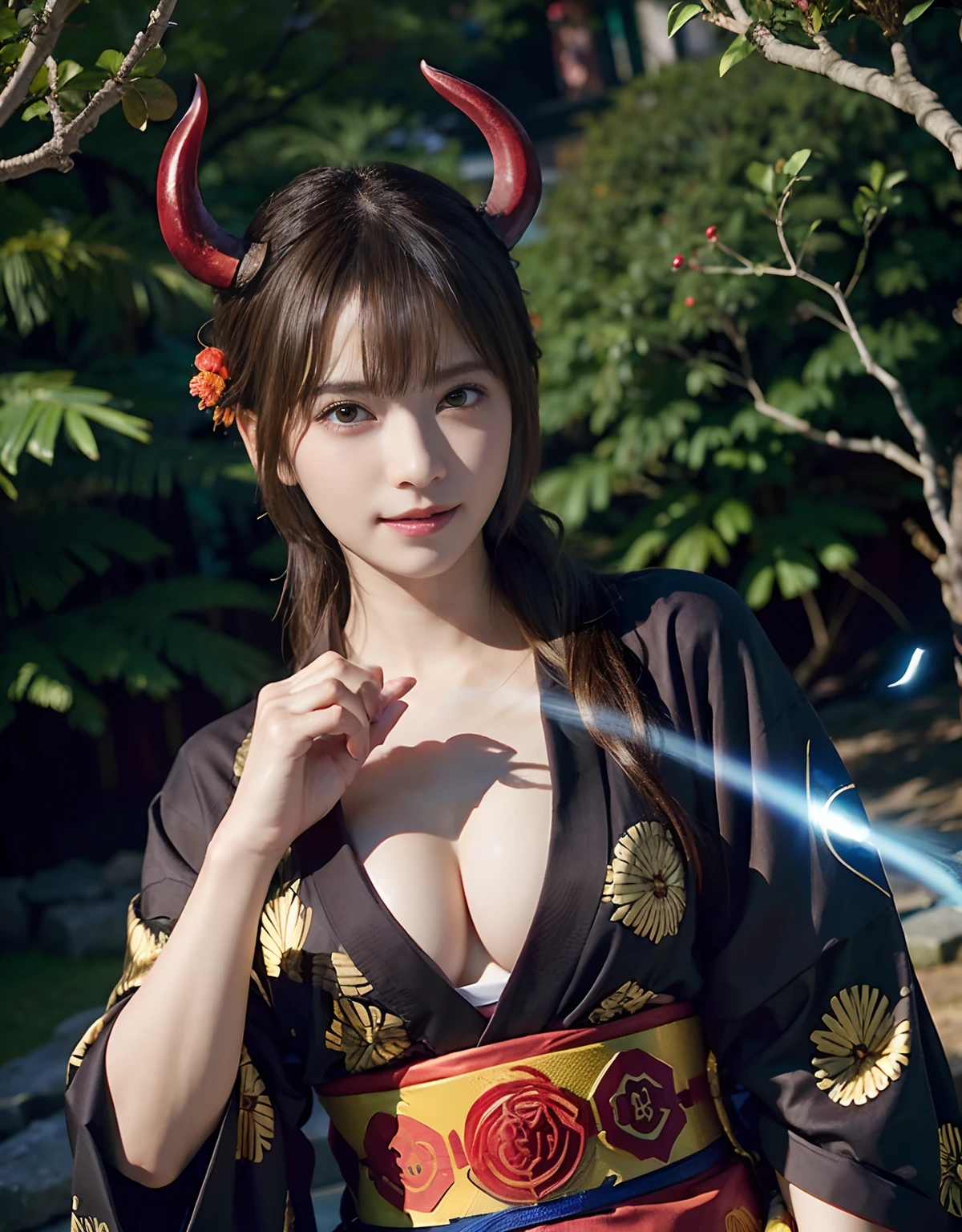 (((masutepiece,))),Professional , masterpiece、top-quality、photos realistic , depth of fields 、Raw photo、女の子1a person、glowy skin、(sexypose)、(Black maple on the background of full bloom),(Ultimate Beauty)、A dark-haired、Mystical expression、ultrasharp、(shrine background)、(Kimono with beautiful pattern)、(Midnight background)、Beautiful hair ornament on the head、,(intense fighting),((Precipitous cliffs)),(Wear a beautiful kimono),(Wear a colorful and beautiful kimono)、cleavage of the breast、(Japan Castle Background)、Jewel Gold Weapon、Particles of light),(intense fighting)、Gorgeous gold weapons ,Castle background、(( Gorgeous Dragon Sword)) , (a dark night),,(maikurobikini) 、((Black Haired Beautiful Girl))、(Castle background)、(demonic wings)、((Gangle's forest background))、Beautiful Caucasian beauty、1a person、dynamic ungle,(((Two devil's horns on the head)))、Smaller head、Idle Smile、Thin and beautiful female hands、Mystical expression、Light Effects、intense fighting、Wind-effect、magic circles、With the legendary magic wand、Dragon's tail、Anatomically correct fingers、Full Body Angle、Anatomically correct number of fingers、