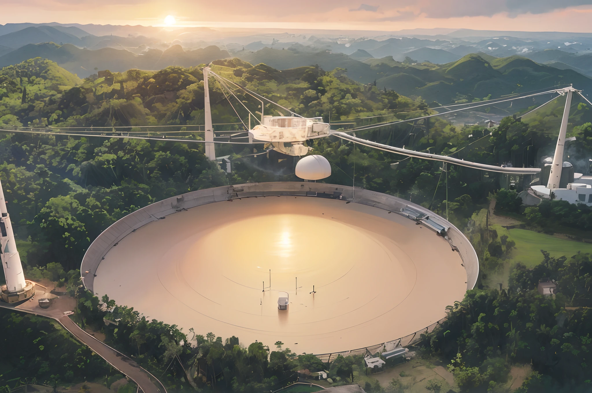 Arecibo Observatory, nestled in a lush green valley, towering above with its massive radio telescope dish. The sun sets in the background, casting a warm glow on the observatory. The intricate details of the dish and surrounding scientific equipment are captured with clean lines. The composition highlights the grandeur of the observatory, while soft tones add a touch of tranquility. Anime realism brings the scene to life, resulting in a perfect illustration