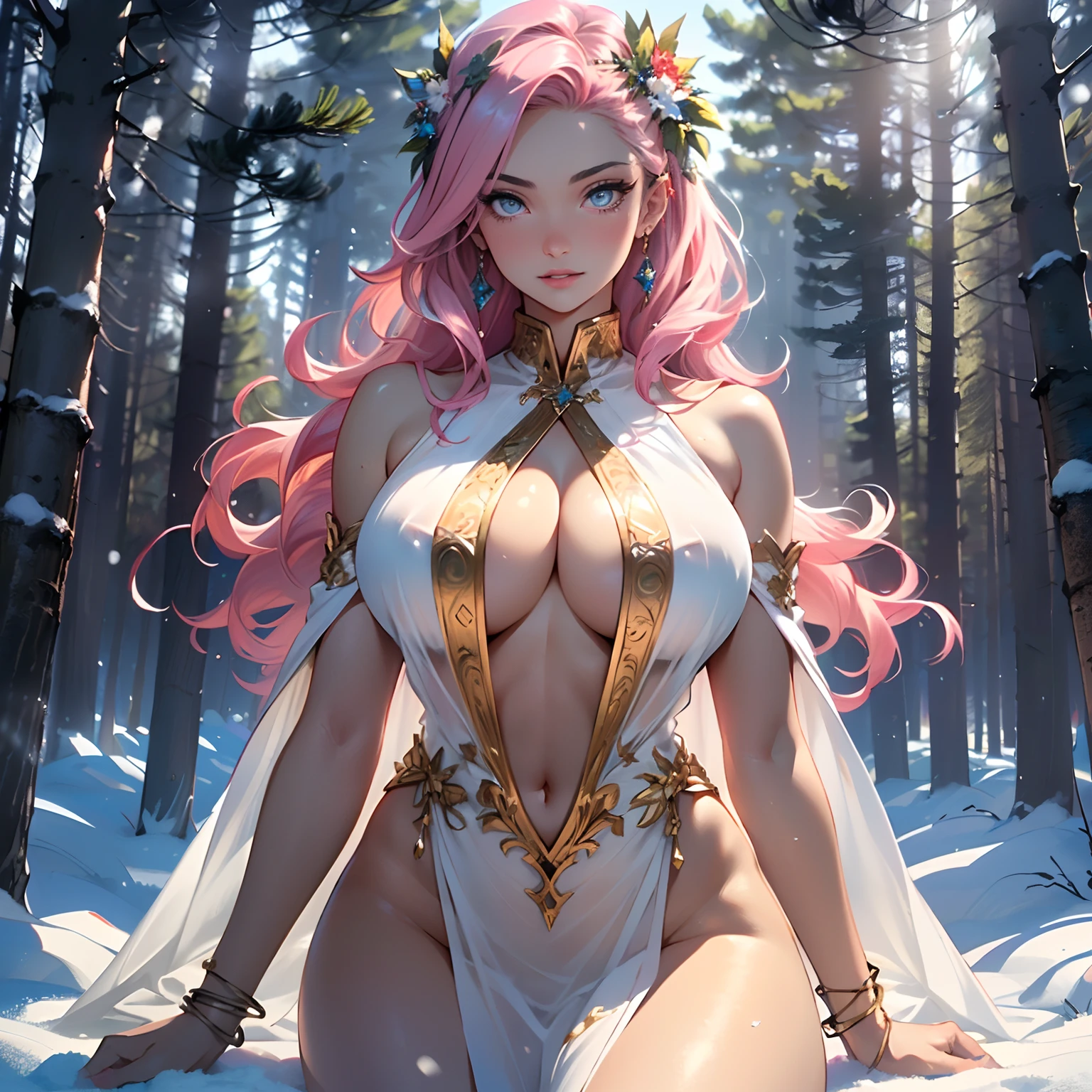 Greek goddess Aphrodite, serious and sexy face, has a face of supernatural beauty, long curly vibrant pink hair decorated with flowers, as well as blue eyes. (perfect anatomy) , (perfect eyes) Her figure is extremely voluptuous, gigantic breasts, heavy breasts, fitness hip, fabric covering breasts, cracked abdominal muscle, white thick silk dress, large abdomen muscle, she sits with her legs in the water,pink hair,
woman,1female,((milf,mom,mature,mature woman,45 years old female,adult)),
(large breasts:1.5),saggy breasts,colored inner hair,((blue_eyes:1.3))),intricate eyes,beautiful detailed eyes,symmetrical eyes,((((lustrous skin:1.5,bright skin: 1.5,skin tanned,shiny skin,very shiny skin,shiny body,illuminated skin)))),(spider lower abdomen,narrow waist,wide hip,bimbo body,inflated legs),(((detailed face))),
(cute,slutty,sensual,seductive look,seductive,((erotic)),opulent,sumptuous,longingly,((nsfw)),
queen,goddess,fantasy,revealing clothing,show skin,(beautiful white clothes),(simple transparent white dress, very transparent dress, very loose dress, extremely transparent dress, ver transparent clothes):1.9, greek style, bare belly, bare shoulders, golden bracelets,detailed outfit,cleavage,white silk,((Transparent cloth:1.5)), (((intricate outfit,intricate clothes))),
(dynamic pose:1.0),arrogant face, arrogant smile,
,(centered,scale to fit dimensions,Rule of thirds),
((snowy pine forest at night)), with dark stormy clouds,winter,scenery:1.25,((snow forest background)),Christmas tree,
highres,sharp focus,(ultra detailed,extremely detailed),(photorealistic artwork:1.37),(extremely detailed CG unity 8k wallpaper),(((vibrant colors,vibrant theme))),(intricate),(masterpiece),(best quality),