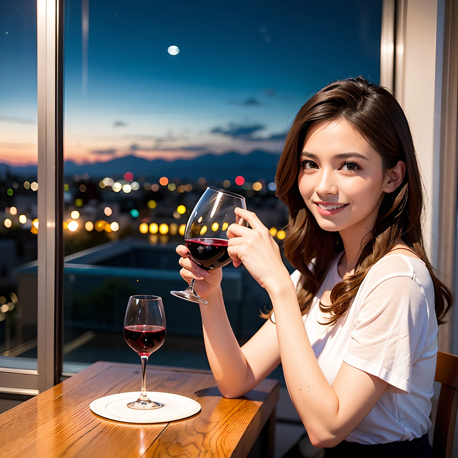 (64K, UHD, top quality, masterpiece: 1.2), (realistic, photorealistic: 1.37), super detailed, pretty woman 1 person, (slim face), (slim body), (brown hair), (short cut), cheeks slightly blushing, (44 years old), 38 years old, solo, beautiful detailed urban night view outside the window, restaurant, wine glasses sit, at night, in a prominent placeNovaFrogStyle, Actress, Model, Waist Up, White Wine, Slim, Wine Glass, Super Clean Night View, Wine Glass Put in the Middle, Happy Smile, (Smile: 1.15), Beautiful Fine Eyes, Upper Body, Bust Japan Up, Night, Short, Short, Actress, Model, Waist Up, White Wine, Slim, Wine Glass, Super Clean Night View, Wine Glass Put in the Middle, Happy Smile,