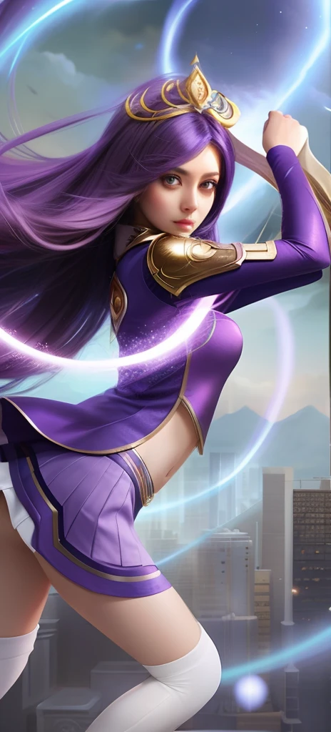 Gorgeous Hair in Long Purple,Beautiful girl with big eyes, Irelia from League of Legends, Style Artgerm,Wear a tight skirt with white and purple matches,Best quality images
