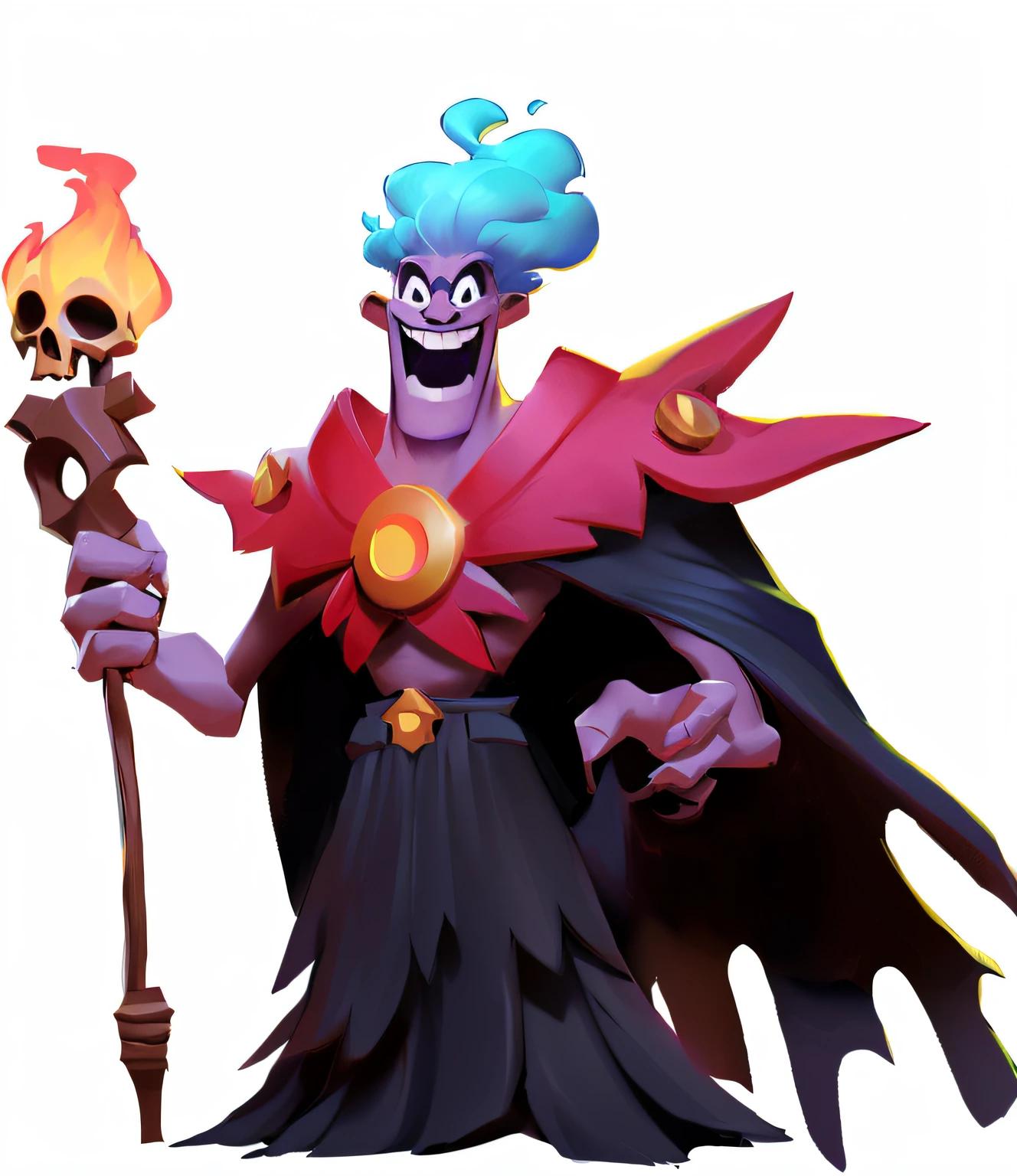 Anine biohazard girl, red sclera, glowing pink eyes, sadistic and scatterbrained, dumb and evil, sexy, smug face sharp teeth, red cloak blue skin