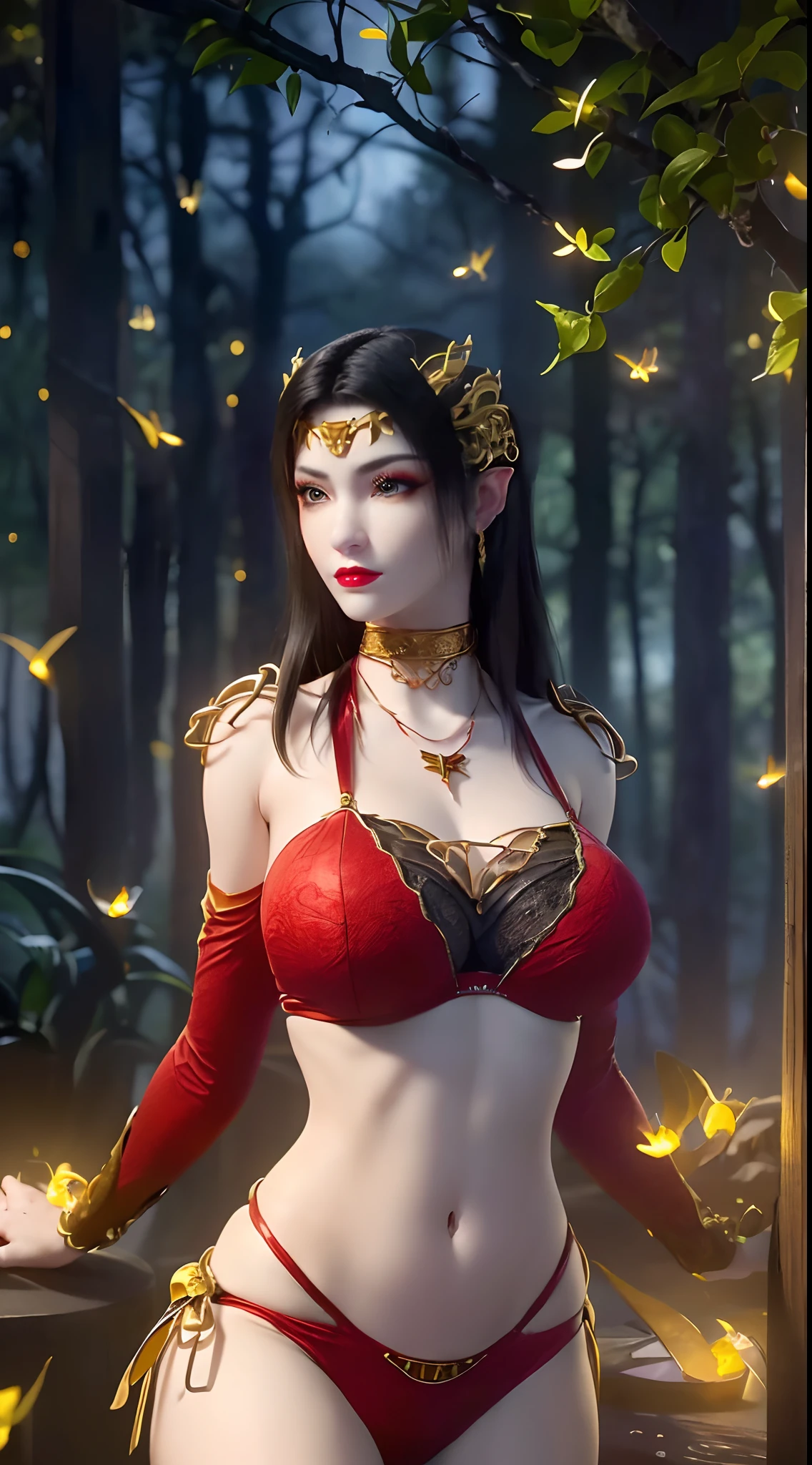 1 beautiful and sexy 20 year old girl, ((wearing a red bikini is very beautiful and sexy:1.8)), ((motifs and rhinestones on the bra:1.7)), ((nfsw:1.5)), ((long black hair:1.6)), jewelry elaborately made from precious stones and beautiful hair, ((wearing a 24k gold lace necklace:1.4))), ((A thin red silk scarf covers half of the face:1.5)), the noble, noble style of an extremely beautiful girl, her small face is super cute, her face is very pretty, thin eyebrows, flawless beautiful face, ((black eye pupils: 0.8)), very beautiful eyes, ((platinum blue eyes: 1.6)), (((big round eyes:1.6))), nice makeup and hair detailed eyelashes, steamy eye makeup, high nose, earrings, red lips, ((closed mouth: 1.5)) beautiful lips, slim hands, most beautiful thighs, ((arms spread out to the sides: 1.5)), rosy face, clean face, flawless beautiful face, smooth white skin, (big breasts: 1.5)), ((high breasts: 1.6)), tight breasts, beautiful cleavage, (((big breasts and super round: 1.8))), ((super tight breasts: 1.7)) , beautiful breasts, perfect body, back arms, chest out, thin black mesh stockings with black lace trim, 8k photo, super high quality, super realistic, super 10x pixels, optical, bright studio, bright edges, dual-tone lighting, (high-detail skin:1.2), super 8k, soft lighting, high quality, volumetric lighting, photorealistic, photorealistic high resolution, lighting, best photo, 4k, 8k quality, blur effect, smooth sharp, 10 x pixel, ((the night and fireflies background:1.5)), aurora, lightning, super graphics realistic, most realistic graphics, 1 girl, alone, solo, Extremely sharp image, surreal, (((frontal portrait: 1)))."