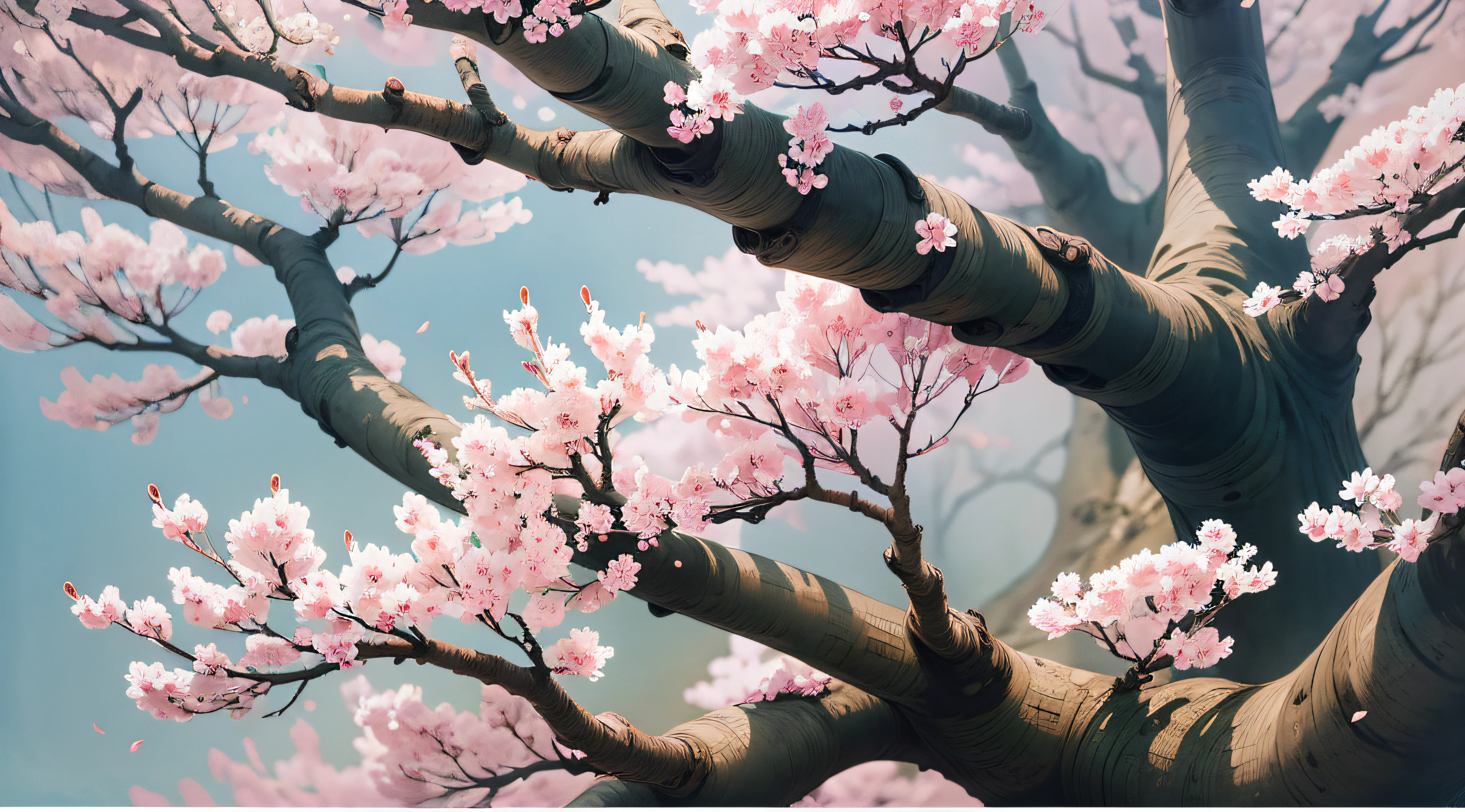 ukiyoe painting、ink and watercolor painting、masterpiece、top-quality、An ultra-high picture quality、4K picture quality、super precision、snowscape、cherry blossom in full bloom、large tree、beautiful gradients