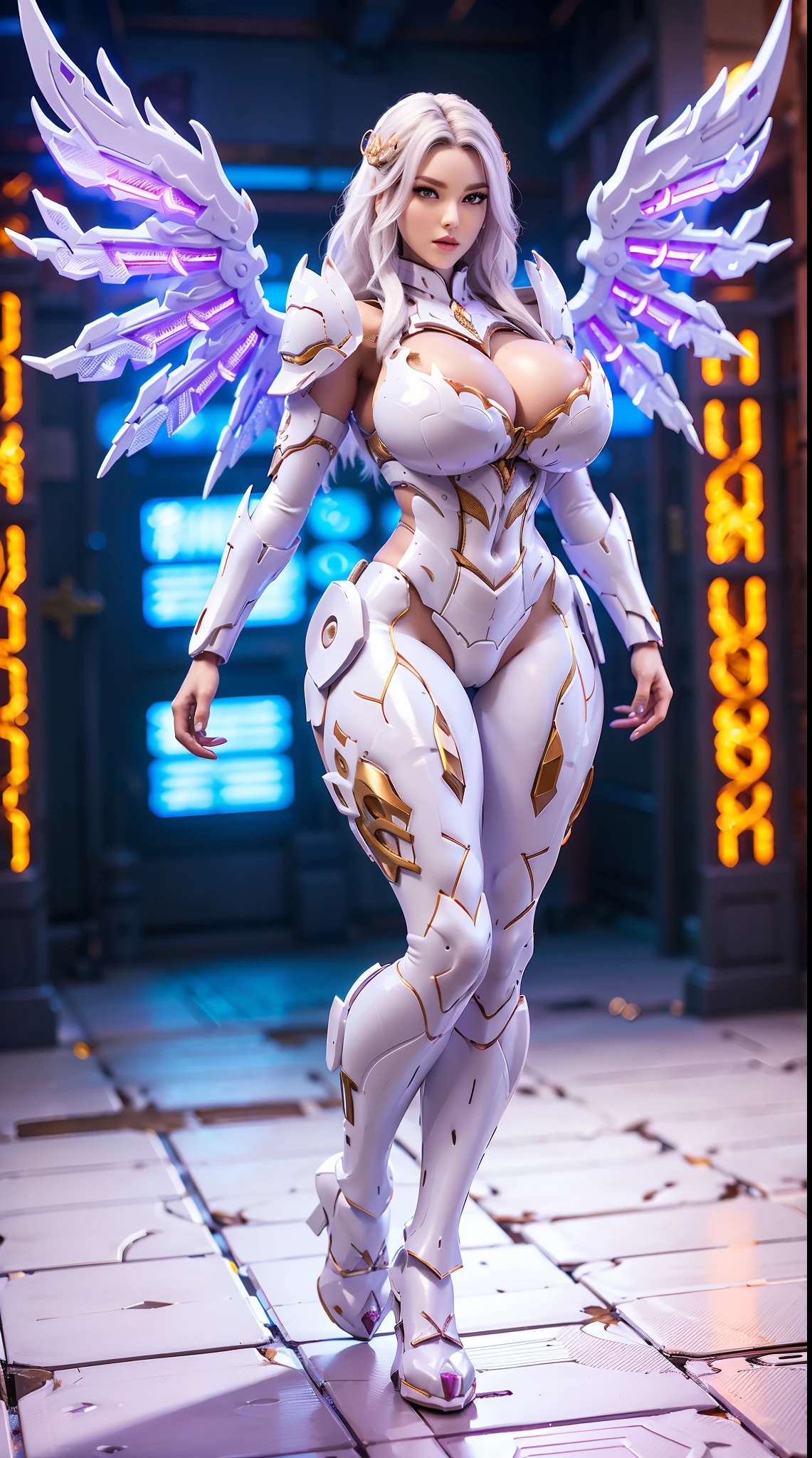 DRAGON BIG HORN ON HEAD, (BUSTY HUGE FAKE BOOBS), (BEAUTIFUL FACE), (WHITE HAIR), (WHITE, PURPLE ARMOR), (PHOENIX ARMORED GEAR), ((A PAIR OF LARGEST PEACOCK DOUBLE WINGS)), SKINTIGHT PHOENIX MECHA LATEX SUIT, (CLEAVAGE), (SKINTIGHT YOGA PANTS), (SEXY LEGS), (LOOKING ON VIEWER), (FULL BODY), ((STANDING POSE)), (SLENDER), (SEXY BODY), (MUSCLE ABS), UHD, 8K, 1080P.