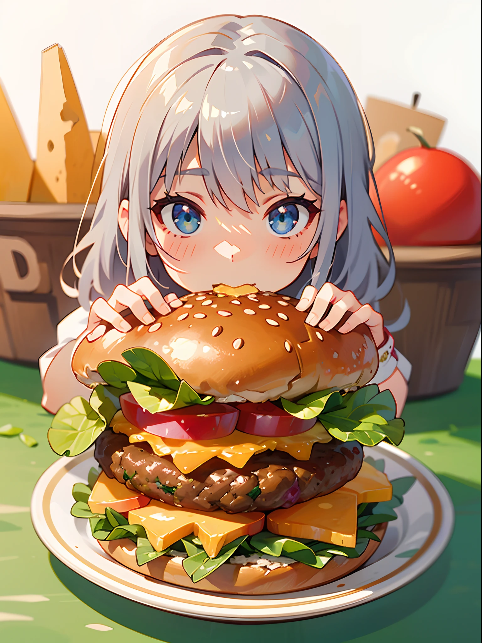 (Best Quality,hight resolution,Ultra-detailed),Eating a hamburger, Silver hair, Blue eyes, Hamburger, cup, lettuce, fruits, tomatoes, onion, bowl, Bokeh background, food, closeup at the food, still-life, Blurred, depth of fields, Verdure, cheese