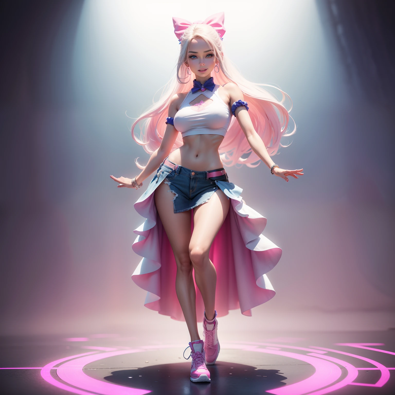 One Barbie, ((Full body)),8th class, Blue eyes, Smiling face, Hair loss swaying in the wind, Hip Hop Singer Pose, Dressed in hip-hop style, robe blanche,swarovski,pasties,With a pink bow on the arm, Fashion, Extremely high quality, high details, 8K, clean back ground, in studio, ((Full body shot)),Align your fingers neatly,Accurate Hand Modeling,wave her hand,