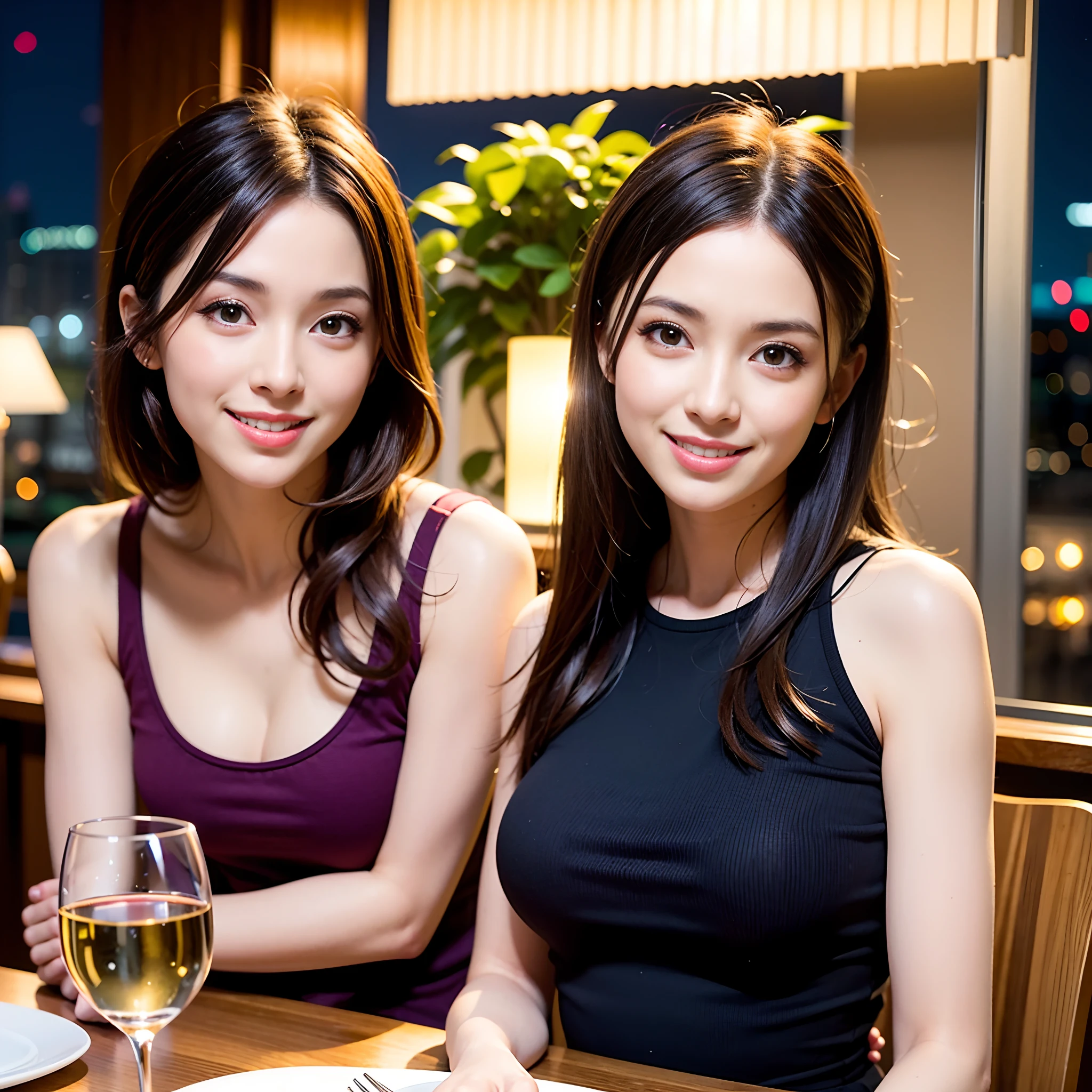 (64K, UHD, top quality, masterpiece: 1.2), (realistic, photorealistic: 1.37), super detailed, pretty woman 1 person, (slim face), (slim body), (brown hair), (short cut), cheeks slightly blushing, (44 years old), 38 years old, solo, beautiful detailed urban night view outside the window, restaurant, wine glasses sit, at night, in a prominent placeNovaFrogStyle, Actress, Model, Waist Up, White Wine, Slim, Wine Glass, Super Clean Night View, Wine Glass Put in the Middle, Happy Smile, (Smile: 1.15), Beautiful Fine Eyes, Upper Body, Bust Japan Up, Night, Short, Short, Actress, Model, Waist Up, White Wine, Slim, Wine Glass, Super Clean Night View, Wine Glass Put in the Middle, Happy Smile,