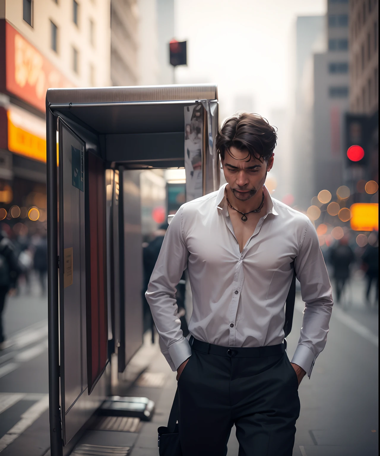 Portrait of a street performer in action with a bustling city as a blurred background.”
