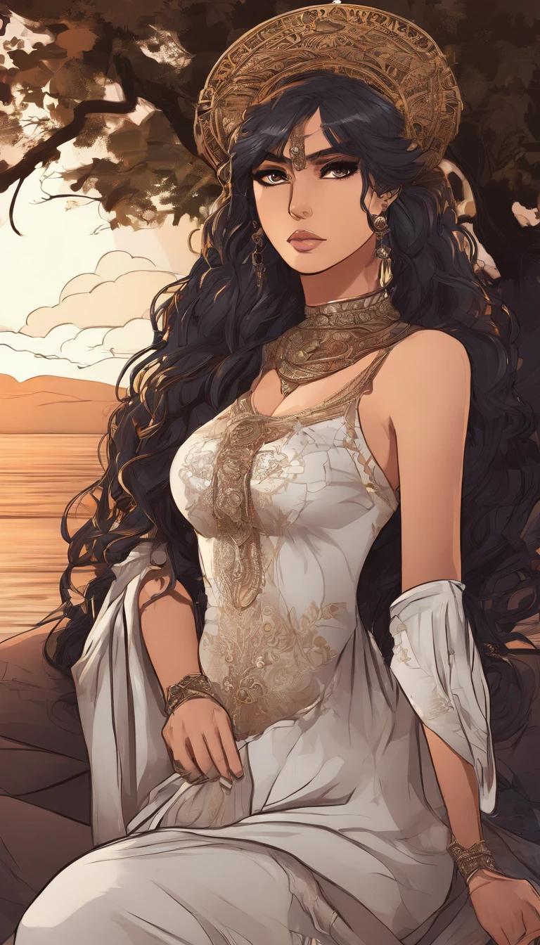 Anime Characters Brazilian Indigenous Adult Female, Beige dress, brown skin, long hair with bangs, Sitting by the river, Masterpiece, Best Quality, Detailed skins, Detailed Eyes, Orange Eyes,8K, Good shading, Beautiful strokes, detailed background, good anatomy, Sneak peek at your breasts, As for the shoulders, as a mechanic