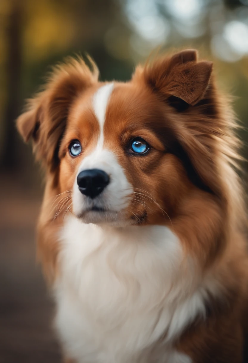 Generate an icon-style image of a cute forward-facing dog with blue and brown eyes