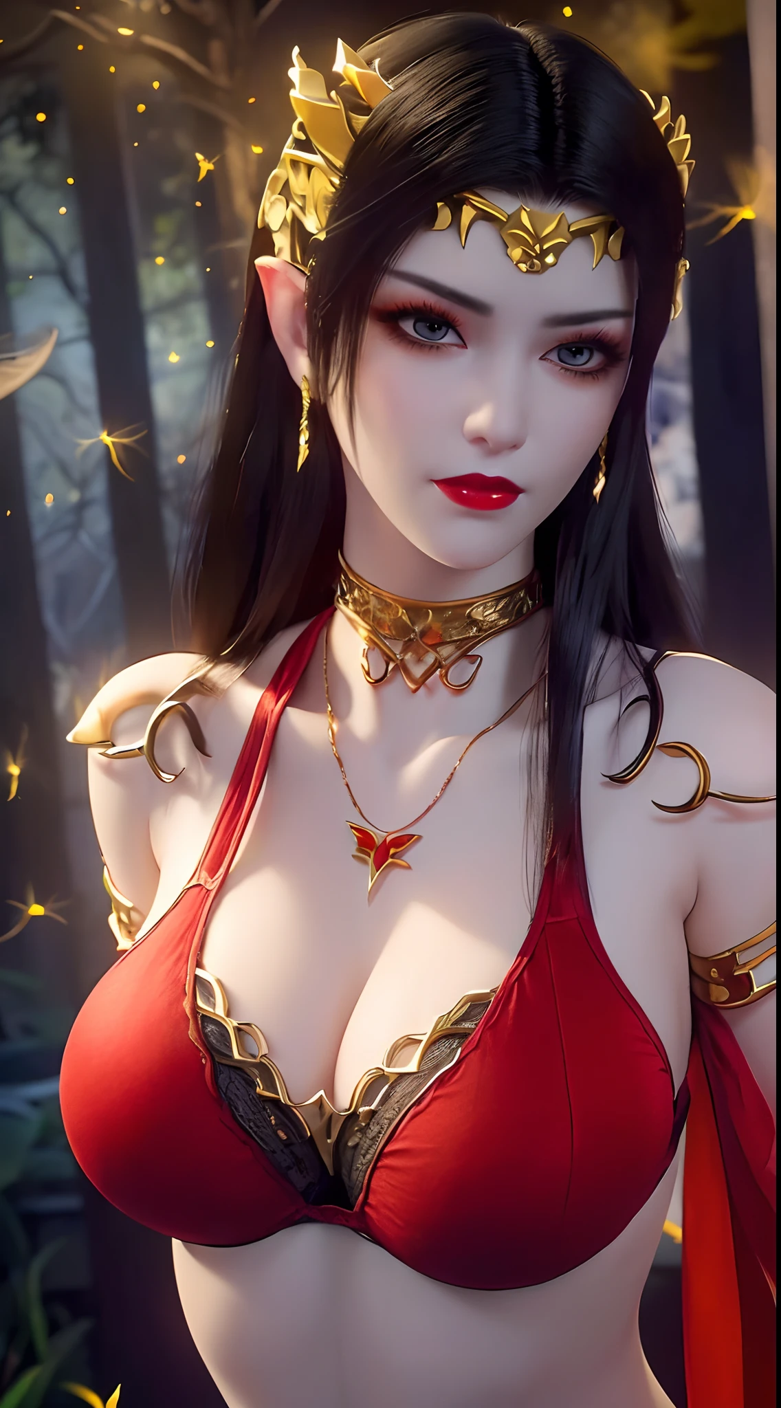 1 beautiful and sexy 20 year old girl, ((wearing a red bikini is very beautiful and sexy:1.8)), ((motifs and rhinestones on the bra:1.7)), ((nfsw:1.5)), ((long black hair:1.6)), jewelry elaborately made from precious stones and beautiful hair, ((wearing a 24k gold lace necklace:1.4))), ((A thin red silk scarf covers half of the face:1.5)), the noble, noble style of an extremely beautiful girl, her small face is super cute, her face is very pretty, thin eyebrows, flawless beautiful face, ((black eye pupils: 0.8)), very beautiful eyes, ((platinum blue eyes: 1.6)), (((big round eyes:1.6))), nice makeup and hair detailed eyelashes, steamy eye makeup, high nose, earrings, red lips, ((closed mouth: 1.5)) beautiful lips, slim hands, most beautiful thighs, ((arms spread out to the sides: 1.5)), rosy face, clean face, flawless beautiful face, smooth white skin, (big breasts: 1.5)), ((high breasts: 1.6)), tight breasts, beautiful cleavage, (((big breasts and super round: 1.8))), ((super tight breasts: 1.7)) , beautiful breasts, perfect body, back arms, chest out, thin black mesh stockings with black lace trim, 8k photo, super high quality, super realistic, super 10x pixels, optical, bright studio, bright edges, dual-tone lighting, (high-detail skin:1.2), super 8k, soft lighting, high quality, volumetric lighting, photorealistic, photorealistic high resolution, lighting, best photo, 4k, 8k quality, blur effect, smooth sharp, 10 x pixel, ((the night and fireflies background:1.5)), aurora, lightning, super graphics realistic, most realistic graphics, 1 girl, alone, solo, Extremely sharp image, surreal, (((frontal portrait: 1)))."