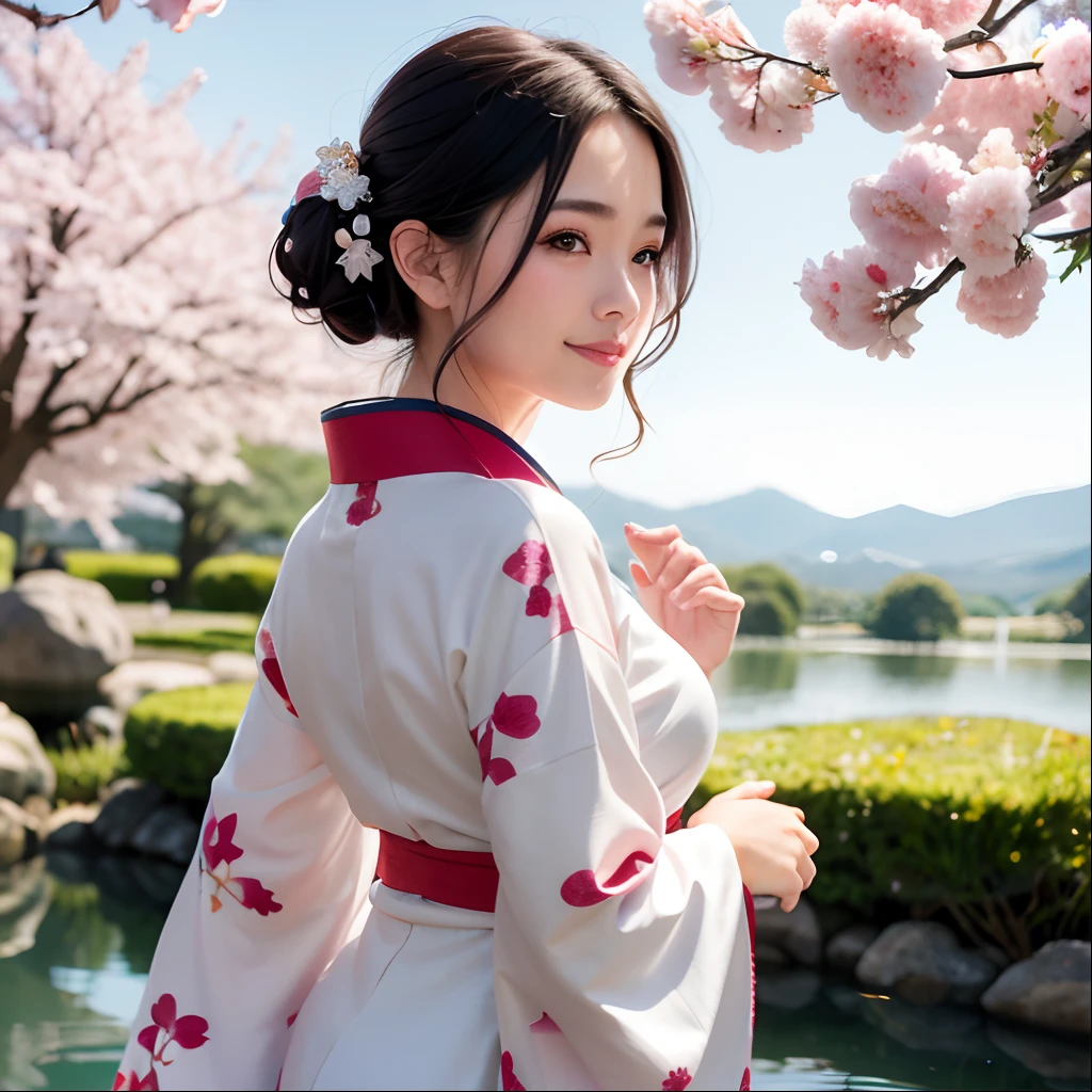Arafe woman in kimono standing in front of pond, in a kimono, palatial palace , a girl in hanfu, japanese kimono, white hanfu, A Japanese style, Wearing kimono, in a kimono, Middle Metaverse, komono, flowing sakura silk, Kimono, elegant japanese woman, Wearing a kimono, Japanese, A Japanese Lady