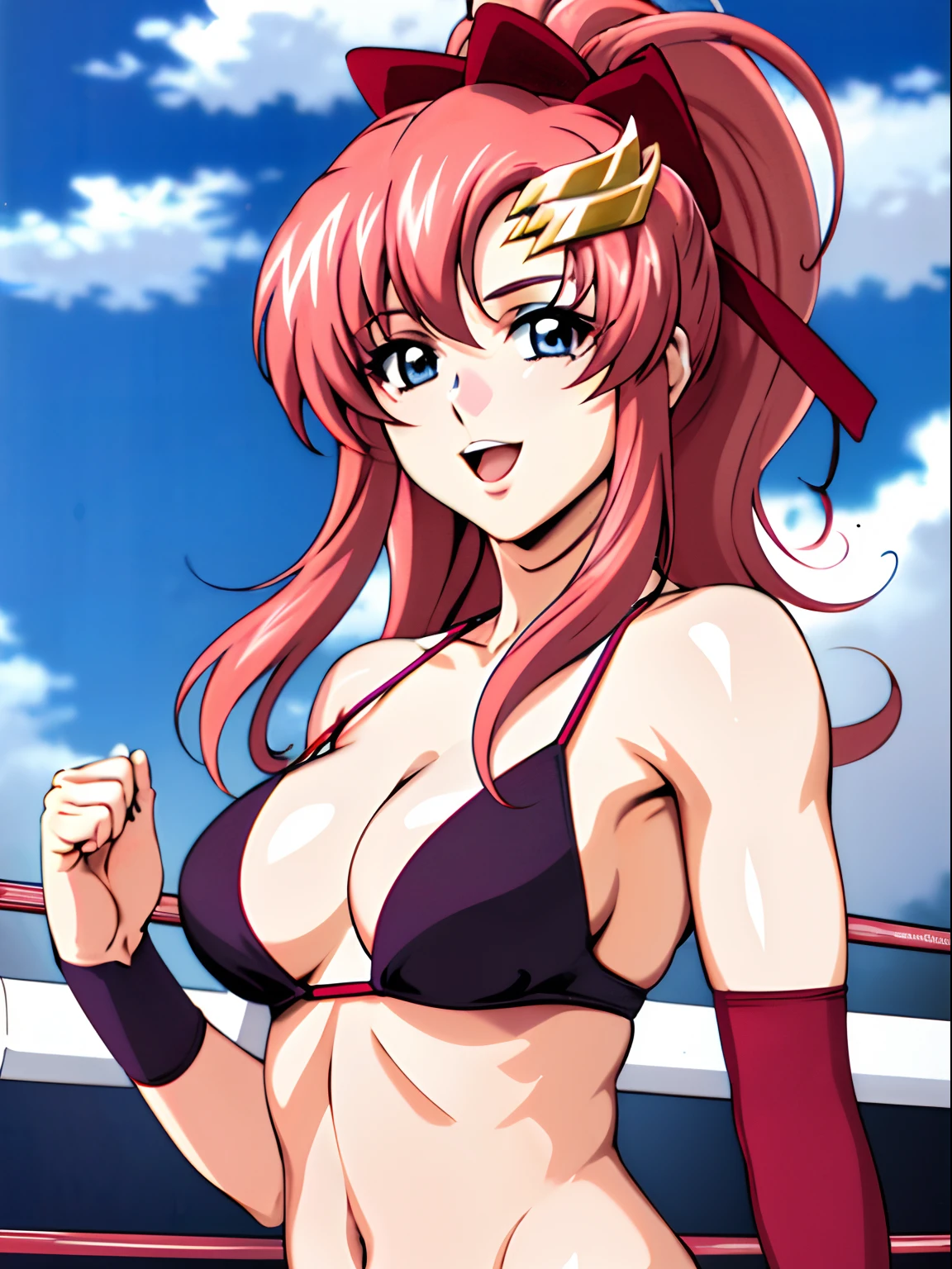 (masterpiece, upper body view, 4K, Best Quality, Anime style: 1.9, tall, adult Woman, ultra detailed face, (cloud background, wrestling arena), Drawing lines, high resolution, Anime, lacus4), 1girl, Solo, curvy figure, Long hair, 鎖骨, scapular, (Detailed wide hair bangs, Hair Ornament, long hair, Detailed reddish-pink hair, golden crest, high ponytail, red ribbon), cleavage, large hands, (female wrestler). (Big blue eyes, shiny eyes), ((pro female wrestler, little biceps, slender body, broad shoulders, closed fists)), ((perfect proportions, medium breasts, perky breasts, long belly, )), (((micro bikini top only, , wrestling gear))), happy, tilt head, smile, open mouth, (standing, looking at the viewer, talking to the viewer), showing off underarm, shaved armpit, (elegant lady)