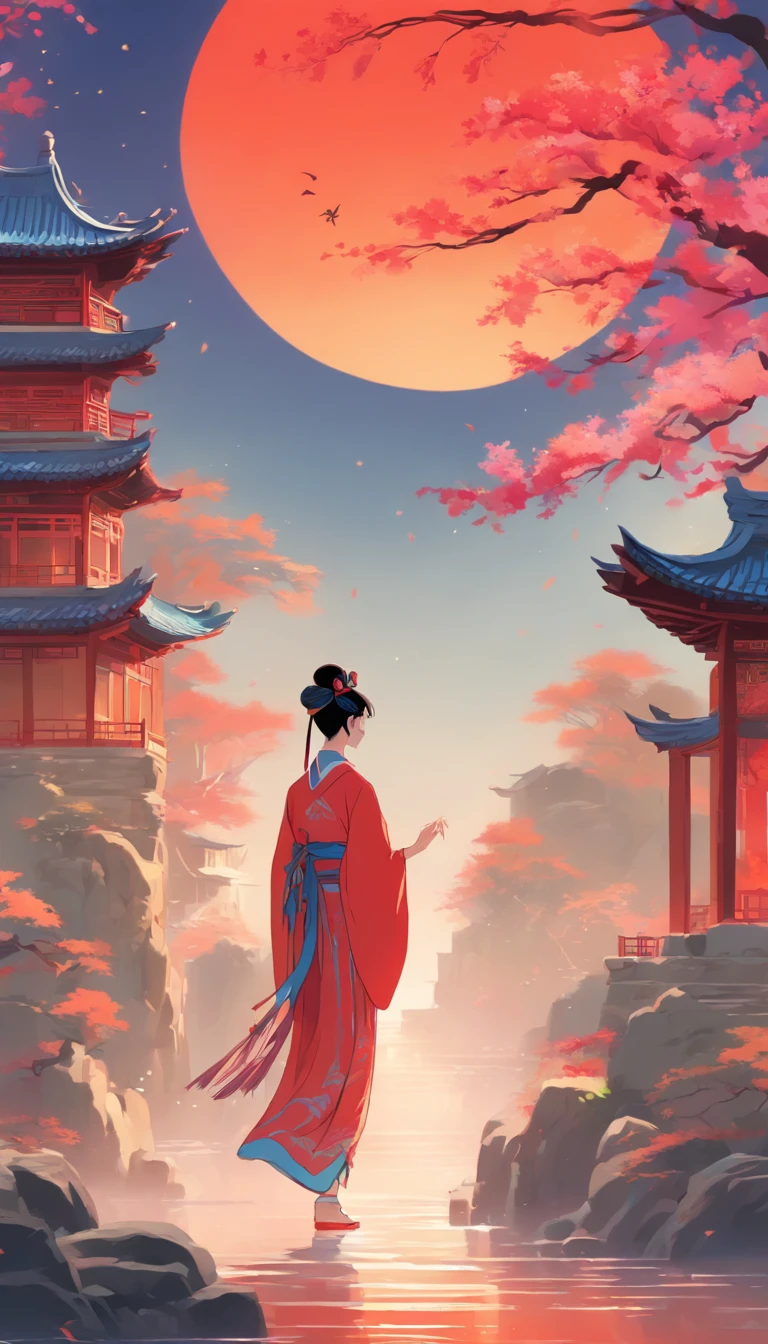 A girl walks in a pavilion,Interzen temple background,Beautiful Chinese landscape,Beautiful rendering of the Tang Dynasty,ancient buildings of China,Blue-red gradient background,Figurative characters,Dancing,Zen tree,There is a bright moon,minimalist aesthetic
