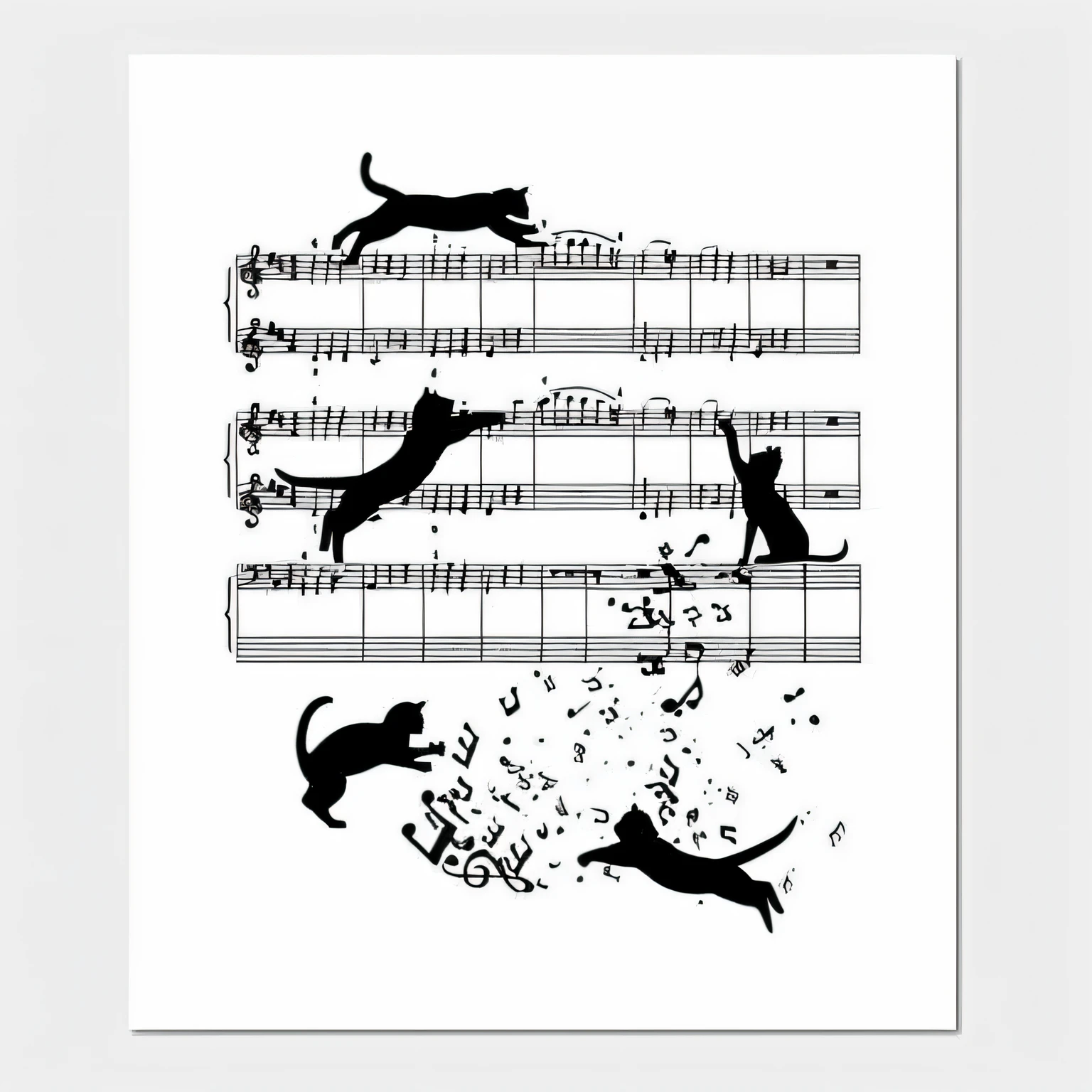 a black and white photo of cats playing music on sheet, musical notes, music notes, great composition, spectacular composition, cat [ playing a piano ], sheet music, music, awesome composition, music poster, piano guitar music notes key, amazing composition, poster paper with notes, music in the air, plays music, music theme, musical, cool, excellent composition, composer