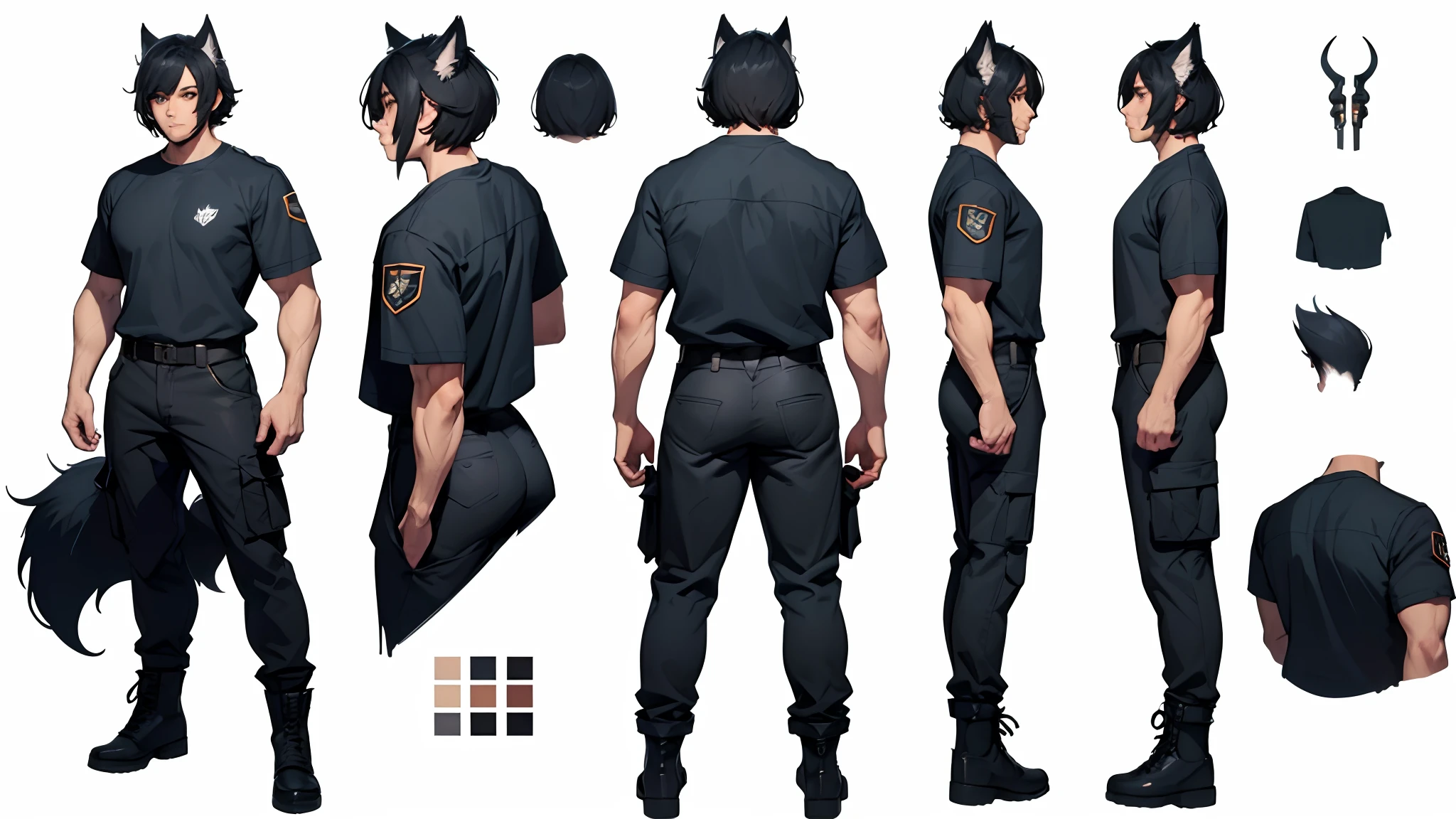 (Masterpiece, best quality), detailed, ((character concept art)), ((character design sheet, same character, front, side, back)), many items, (1man, (monstergirl, wolfboy), t-shirt, cargo pants, military boots, many parts), (light skin color:1), (brown eyes), detailed face, random expressions, (athletics & muscular physical form), (wolf features, wolf tail, wolf ears:1), black hair color, detailed hair, short military style haircut, full of details, (simple background, white background: 1.3)