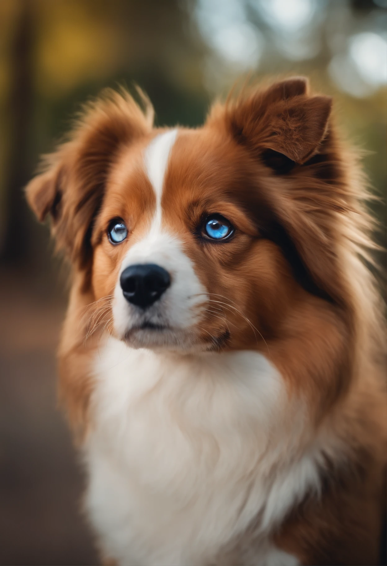 Generate an icon-style image of a cute forward-facing dog with blue and brown eyes