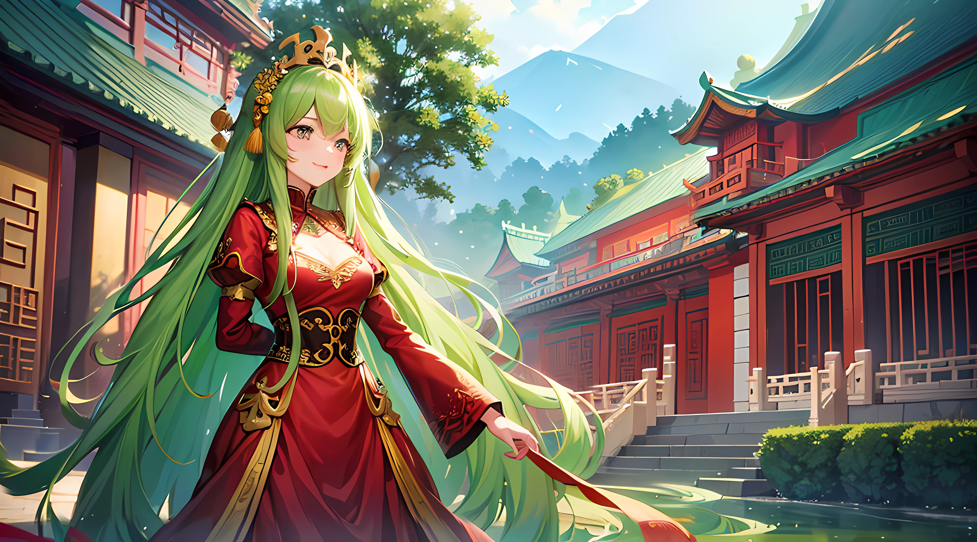 Green girl with long hair，Exquisite palace costume，Fire red dress，Stand in front of the Chinese Heavenly Palace，Look into the distance，