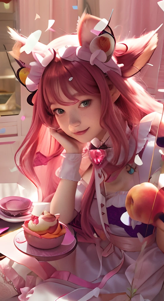 Pink haired loli girl，Red long-haired，Wears a pair of fox ears，Wear a white lace headdress，He wears a pink peach heart crystal around his neck，Dressed in purple and white maid outfits，sitting in front of a dinning table，Hands dragging your cheeks