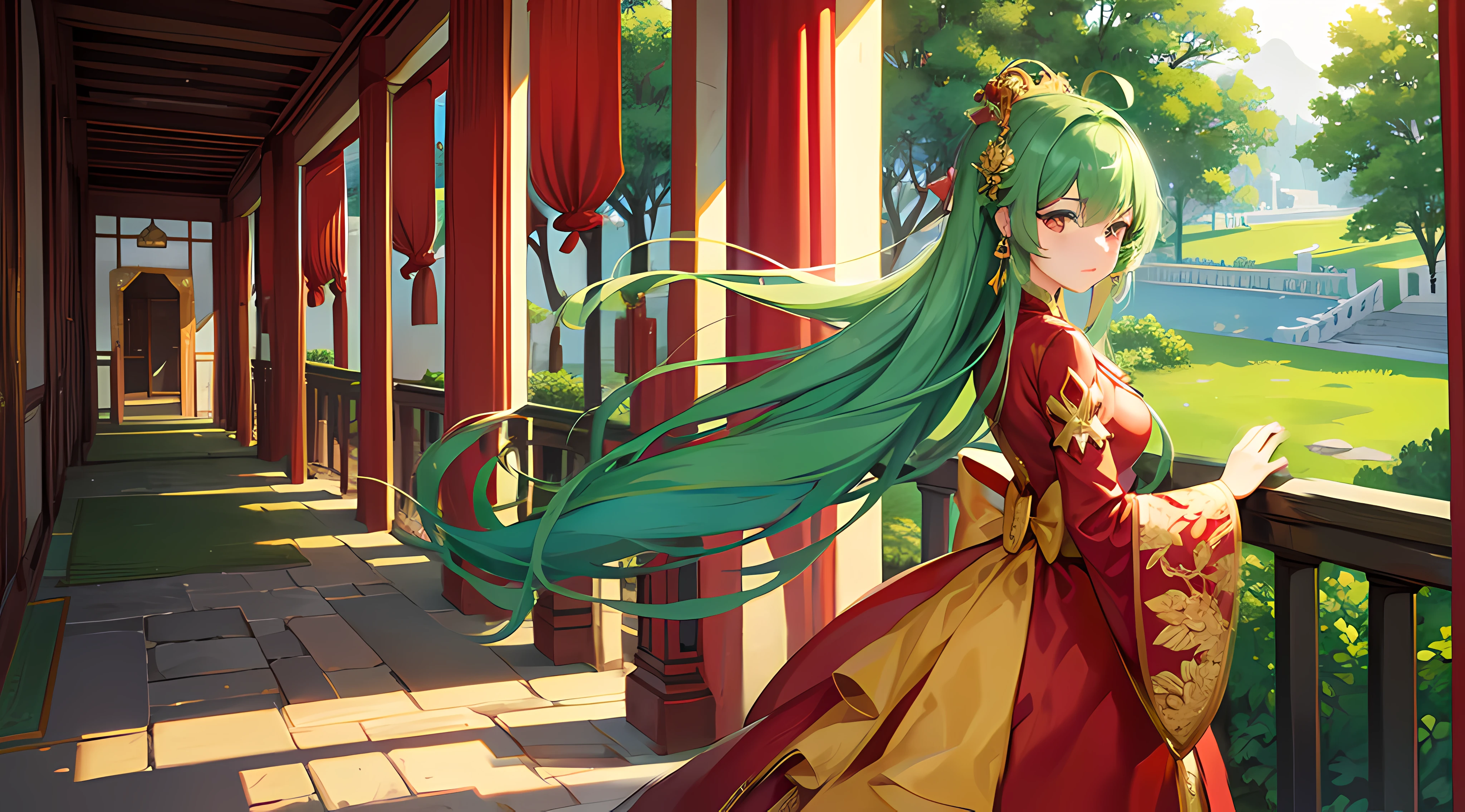 Green girl with long hair,Exquisite palace costume,Fire red dress,Stand in front of the Chinese Heavenly Palace,Look into the distance,
