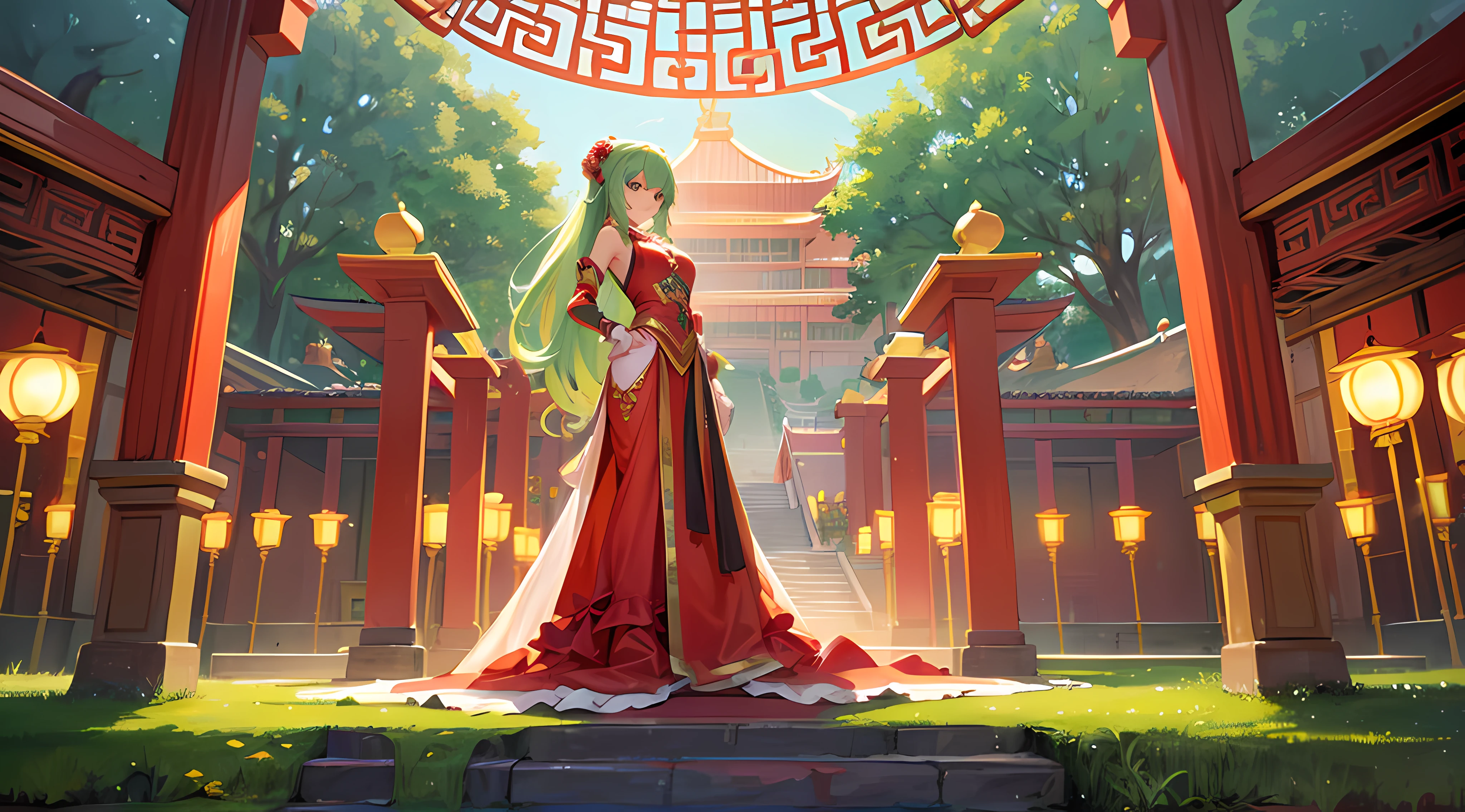 Green girl with long hair,Exquisite palace costume,Fire red dress,Stand in front of the Chinese Heavenly Palace,Look into the distance,
